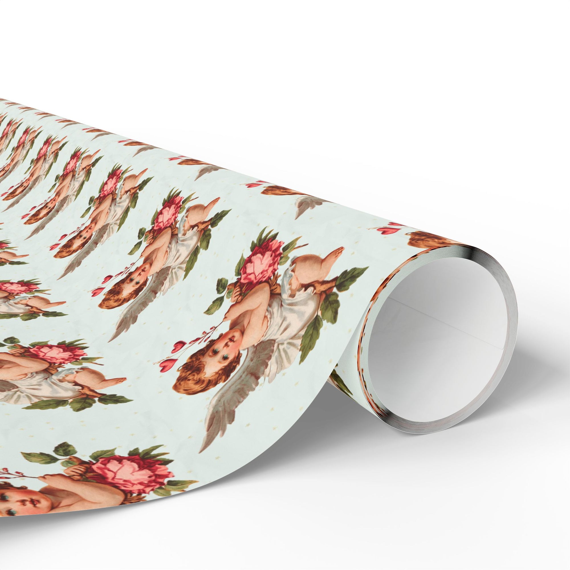 Roll of floral-patterned paper with a cherub illustration on a light background