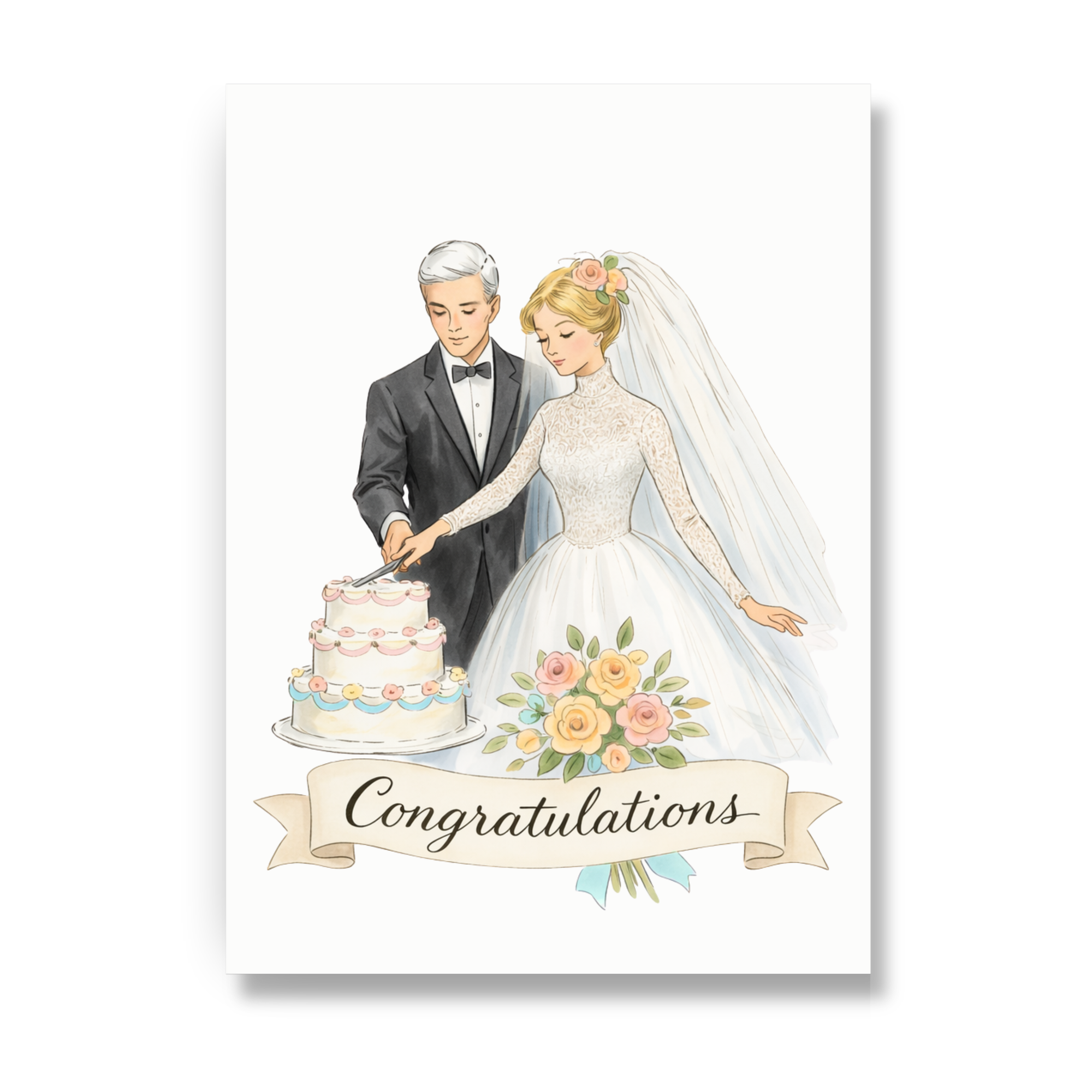 Wedding congratulations card with blonde bride and silver hair groom cutting wedding cake
