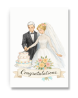 Wedding congratulations card with blonde bride and silver hair groom cutting wedding cake