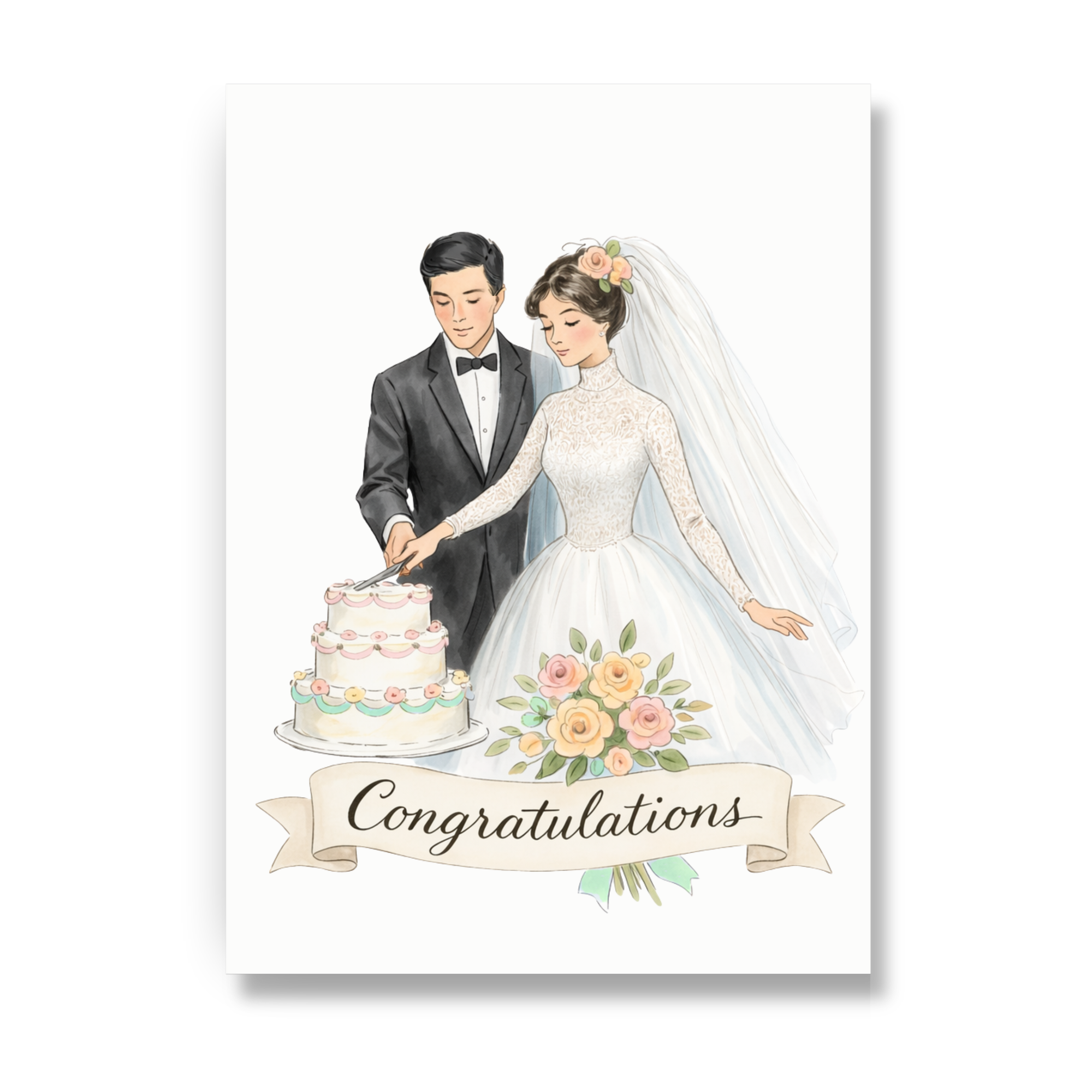 Wedding congratulations card with brunette bride and dark hair groom cutting wedding cake