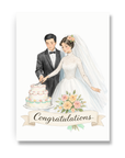 Wedding congratulations card with brunette bride and dark hair groom cutting wedding cake