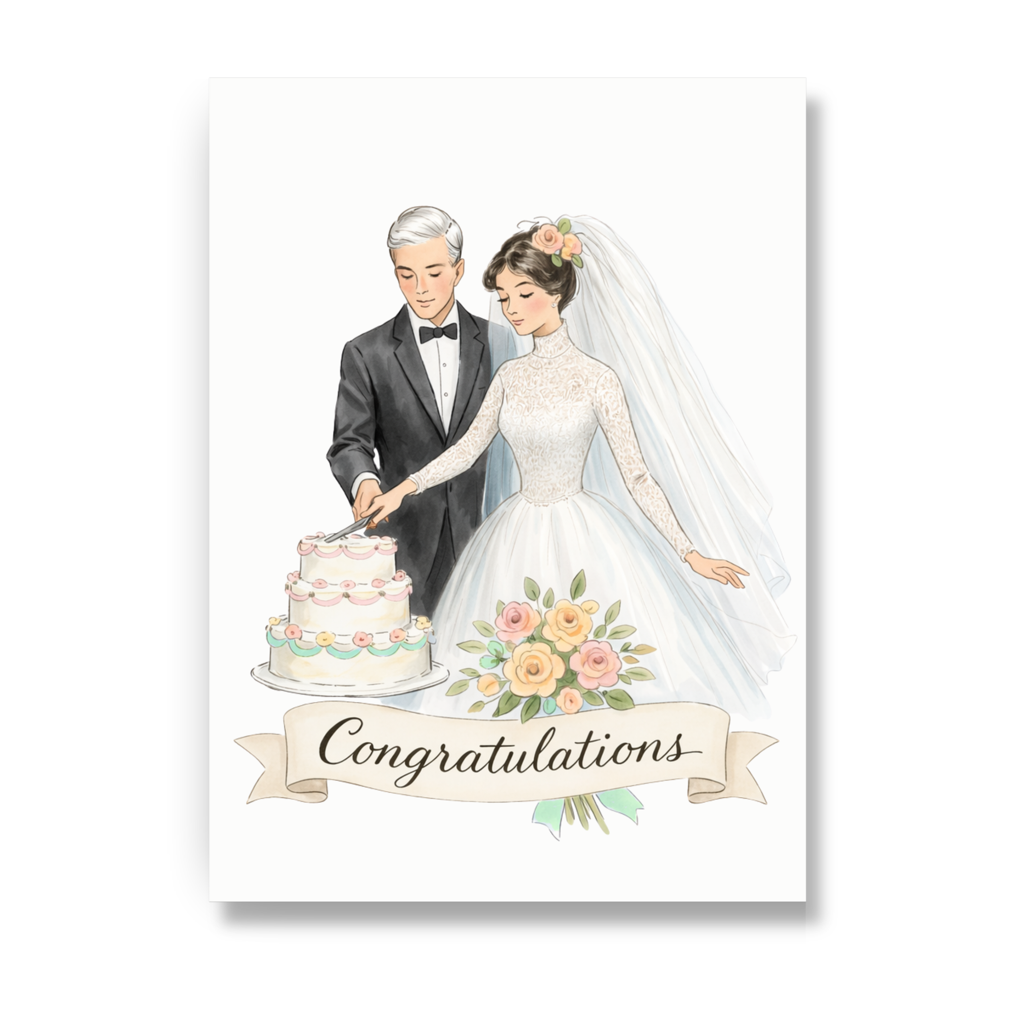 Wedding congratulations card with brunette bride and silver hair groom cutting wedding cake.