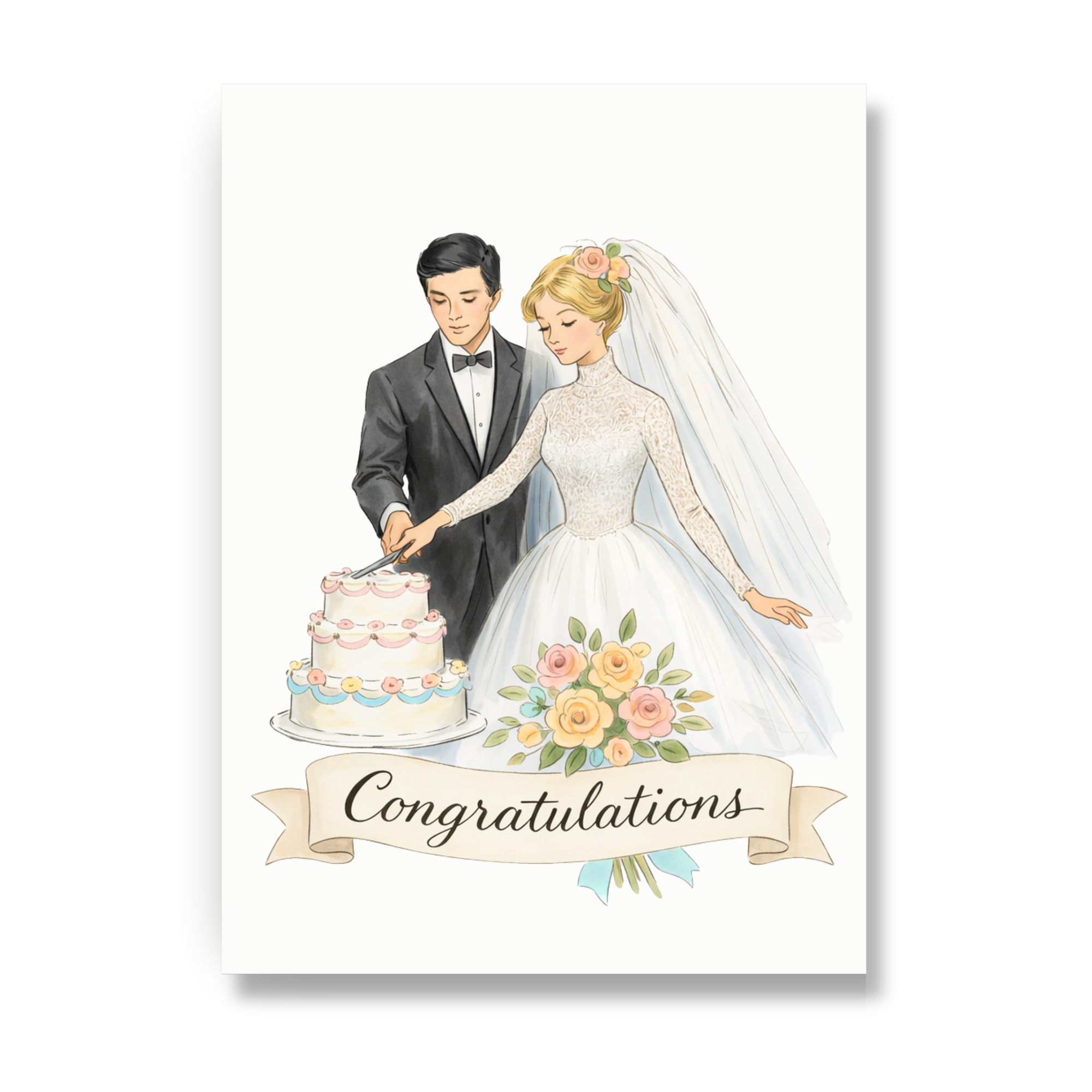 Wedding congratulations card with bride and groom cutting wedding cake