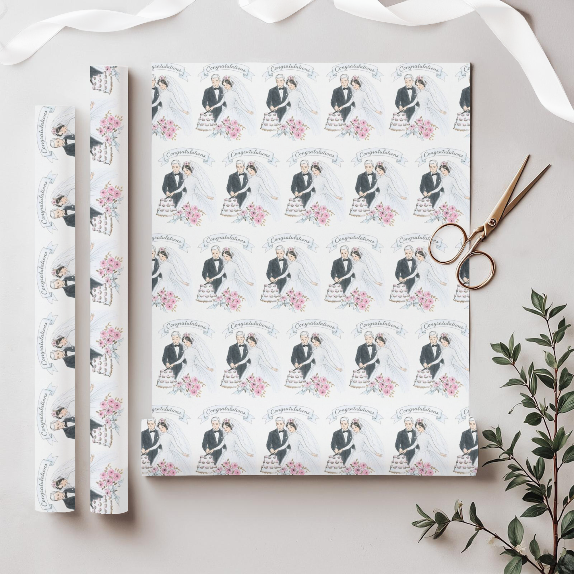 Retro wedding and bridal wrapping paper with a retro bride and groom cutting a wedding cake.