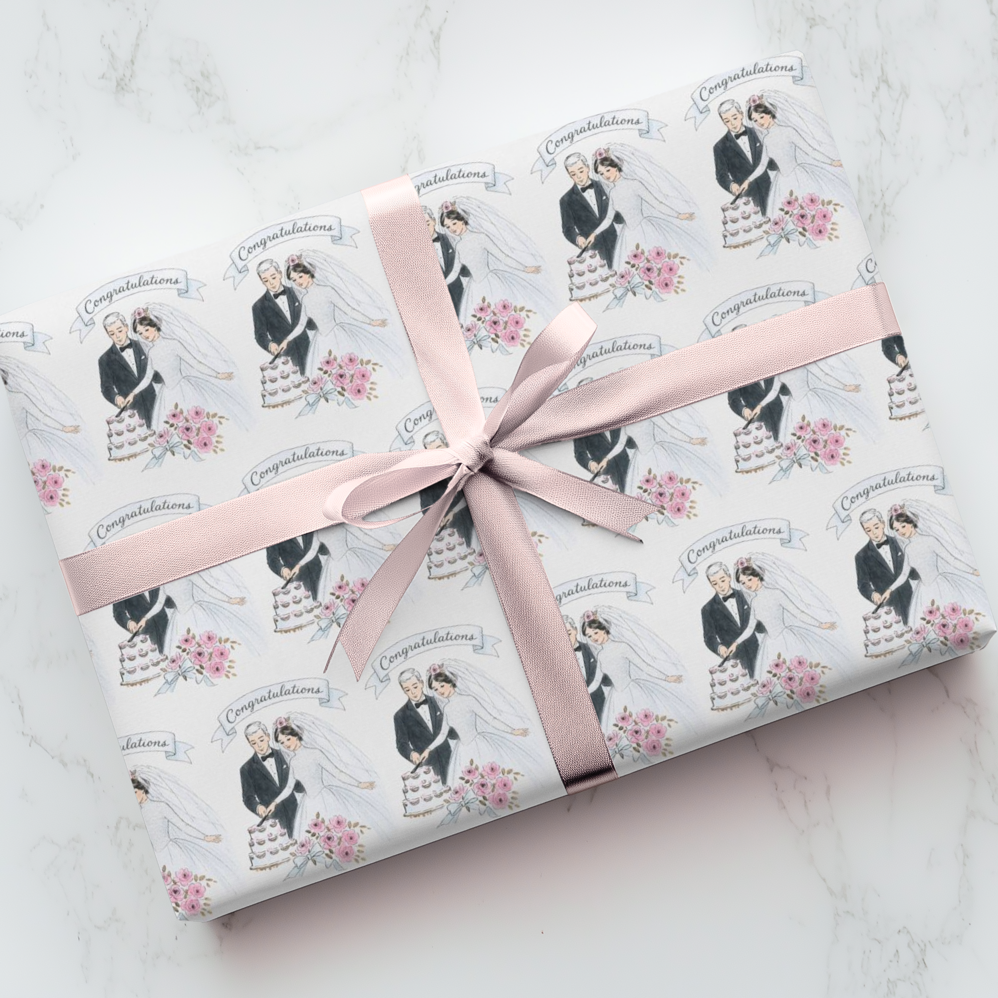 Retro wedding and bridal wrapping paper with a retro bride and groom cutting a wedding cake.