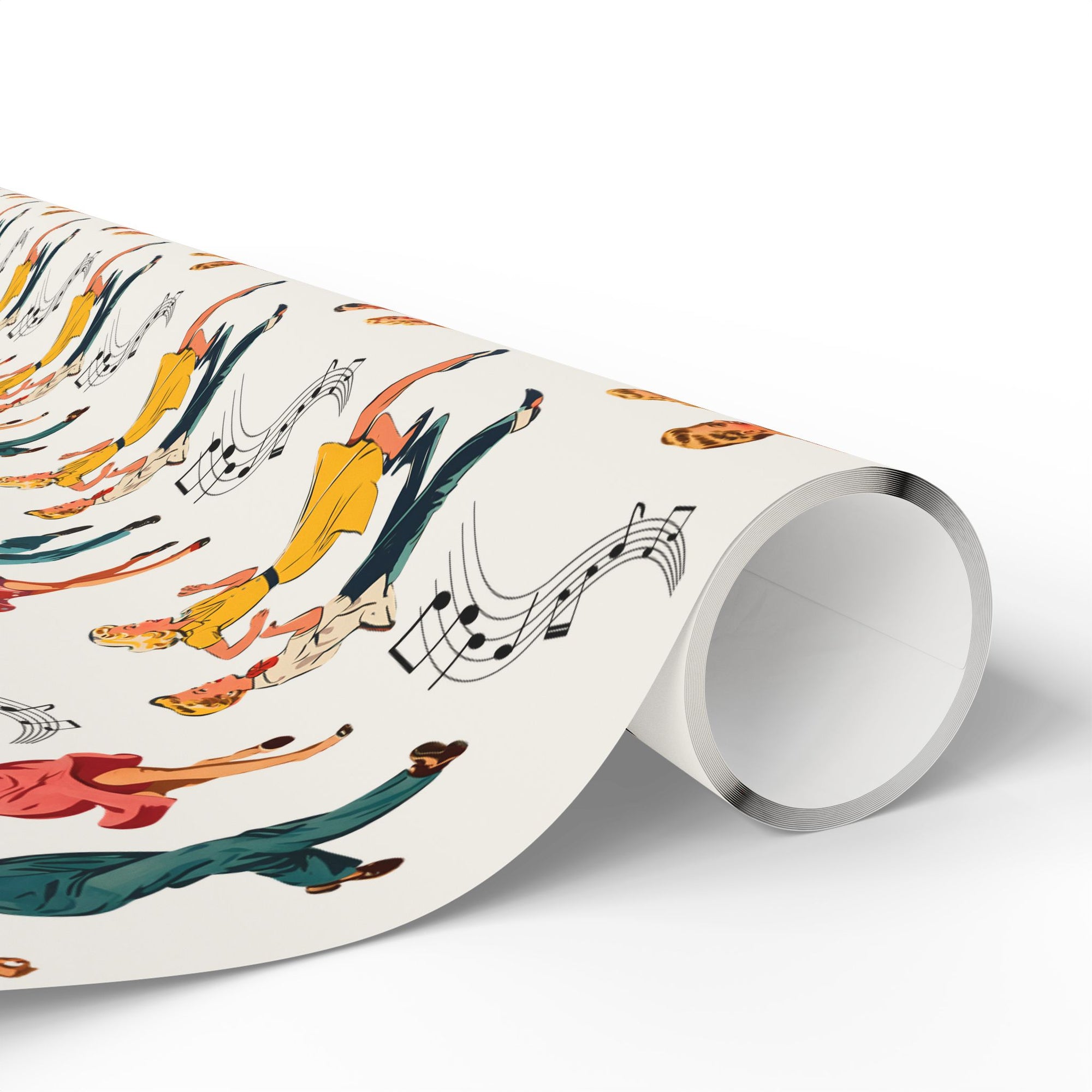 Roll of wrapping paper with colorful dancing figures and musical notes on a white background