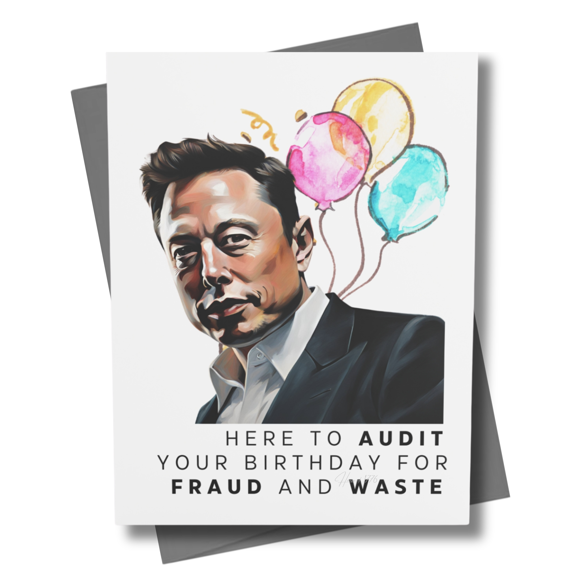 Card with tech titan, balloons, featuring humorous text about auditing a birthday for fraud and waste.