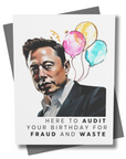 Card with tech titan, balloons, featuring humorous text about auditing a birthday for fraud and waste.