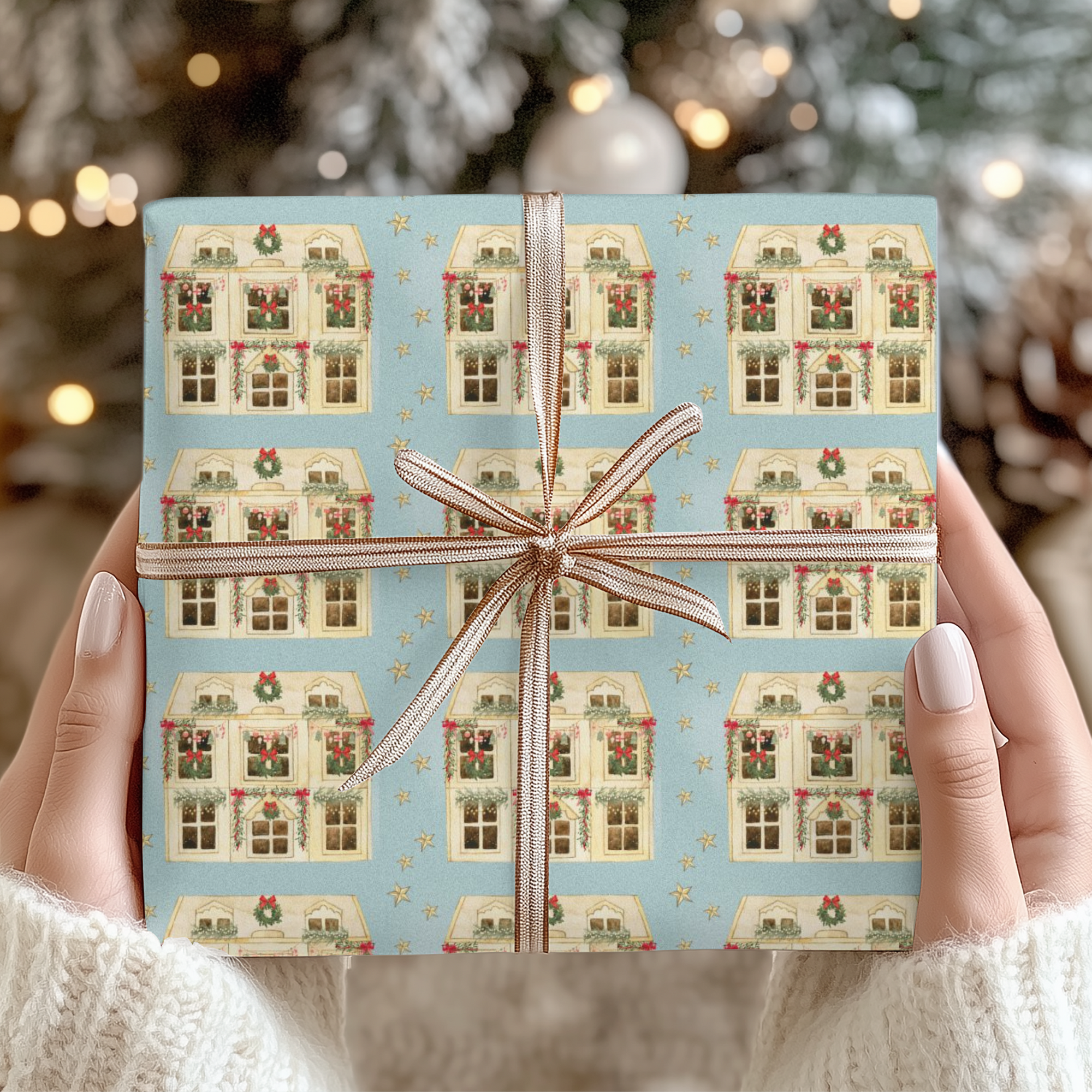 Charming dollhouse-themed Christmas wrapping paper with golden stars adorns a gift underneath the Christmas tree