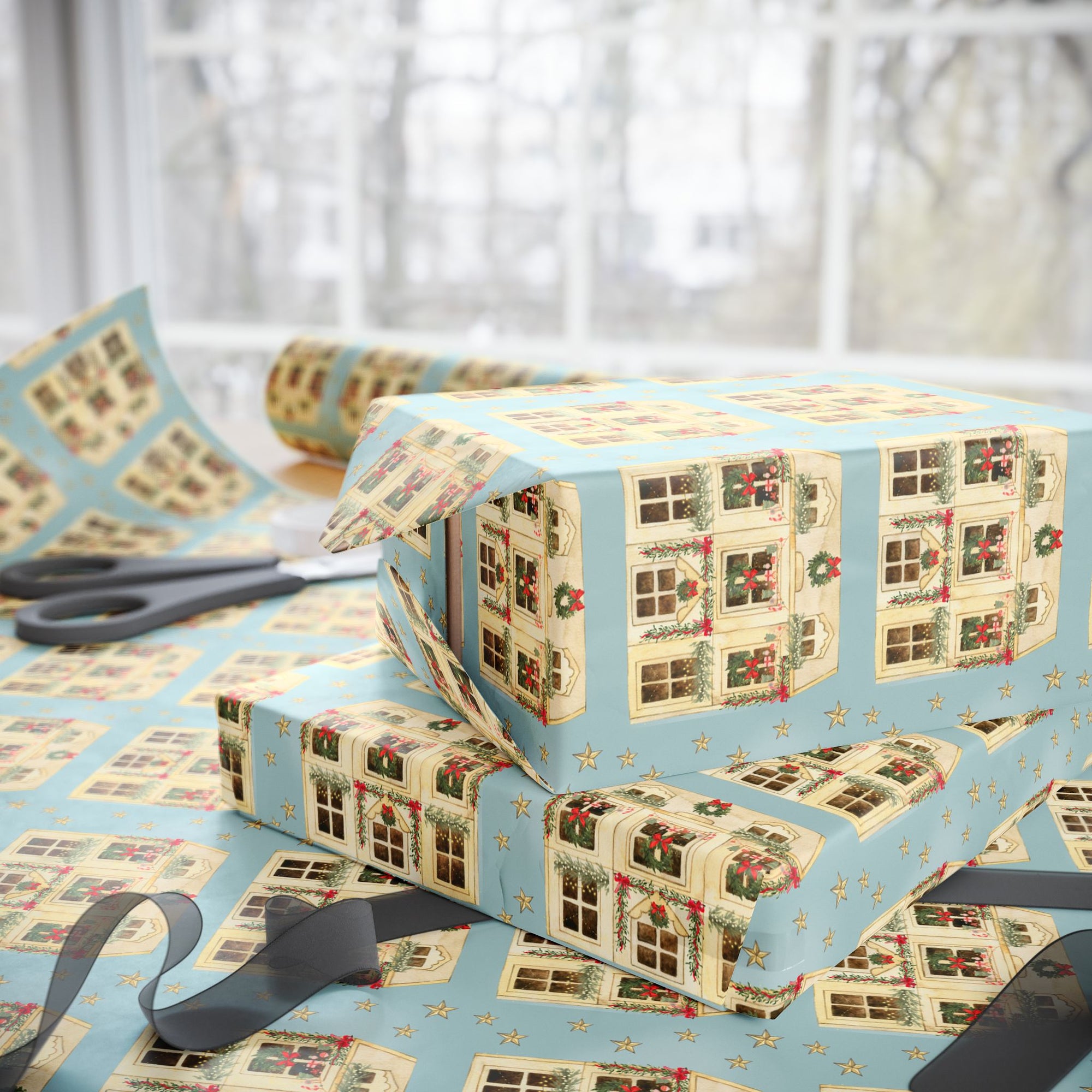 Charming dollhouse-themed Christmas wrapping paper with golden stars