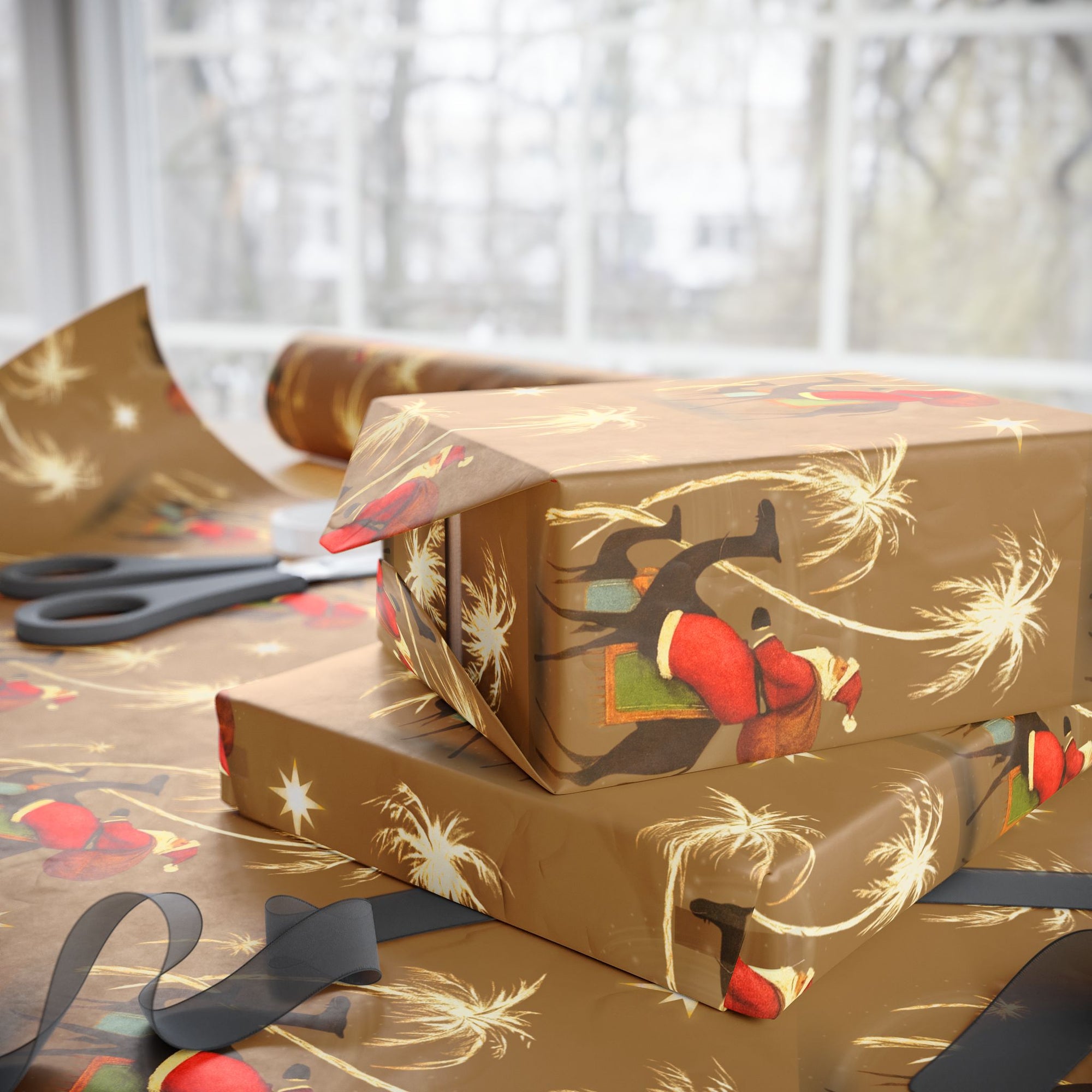 Santa riding camels under the Star of Bethlehem with golden palm trees Christmas Wrapping Paper