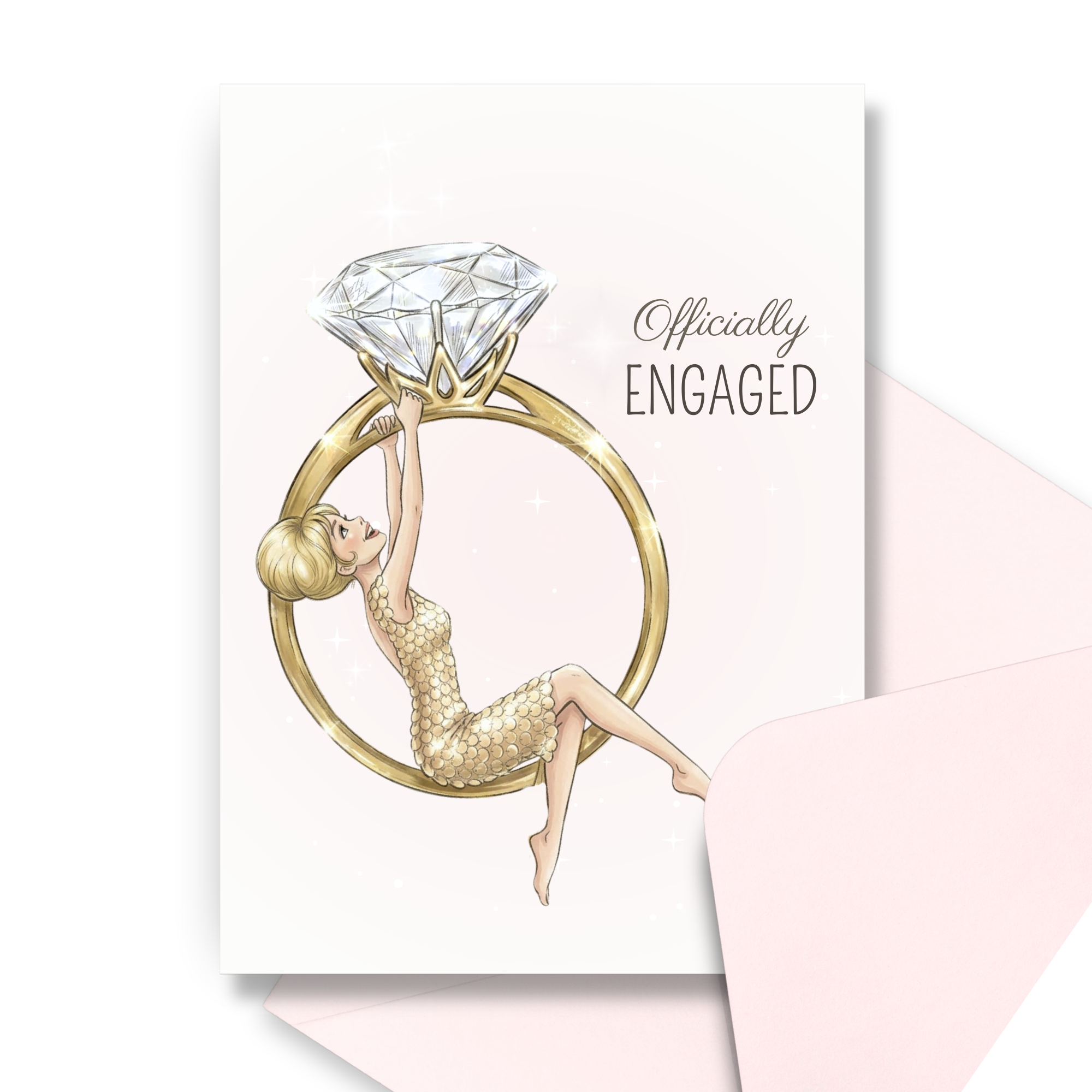 Engagement card for bride to be with blonde bride swinging from large diamond ring illustration with coordinating pink envelope.