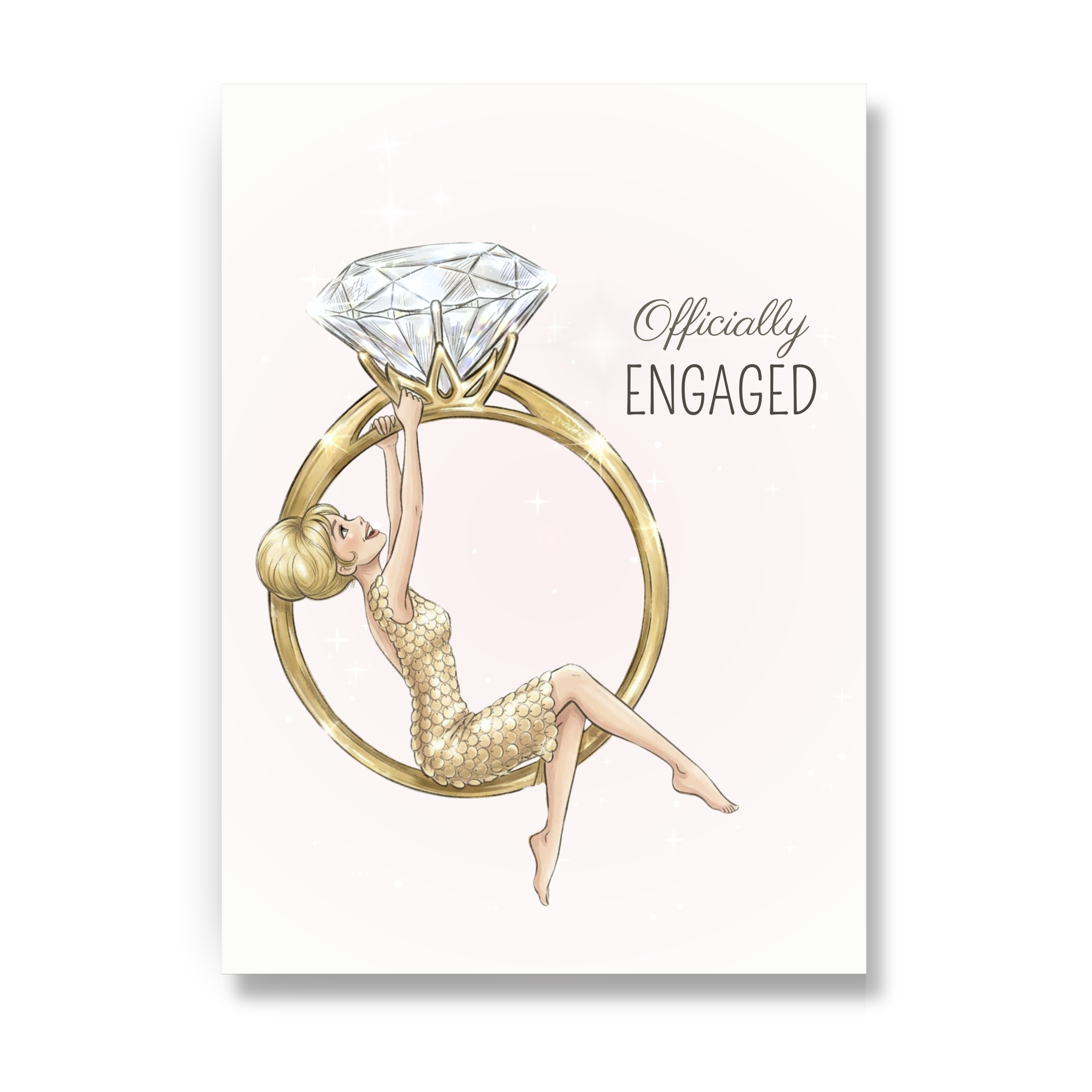 Engagement card for bride to be with blonde bride swinging from large diamond ring illustration.