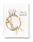 Engagement card for bride to be with blonde bride swinging from large diamond ring illustration.