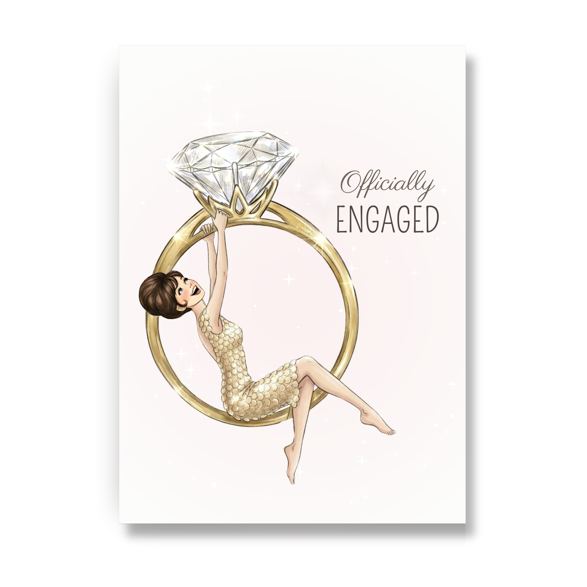Engagement card for bride to be with brunette bride swinging from large diamond ring illustration.
