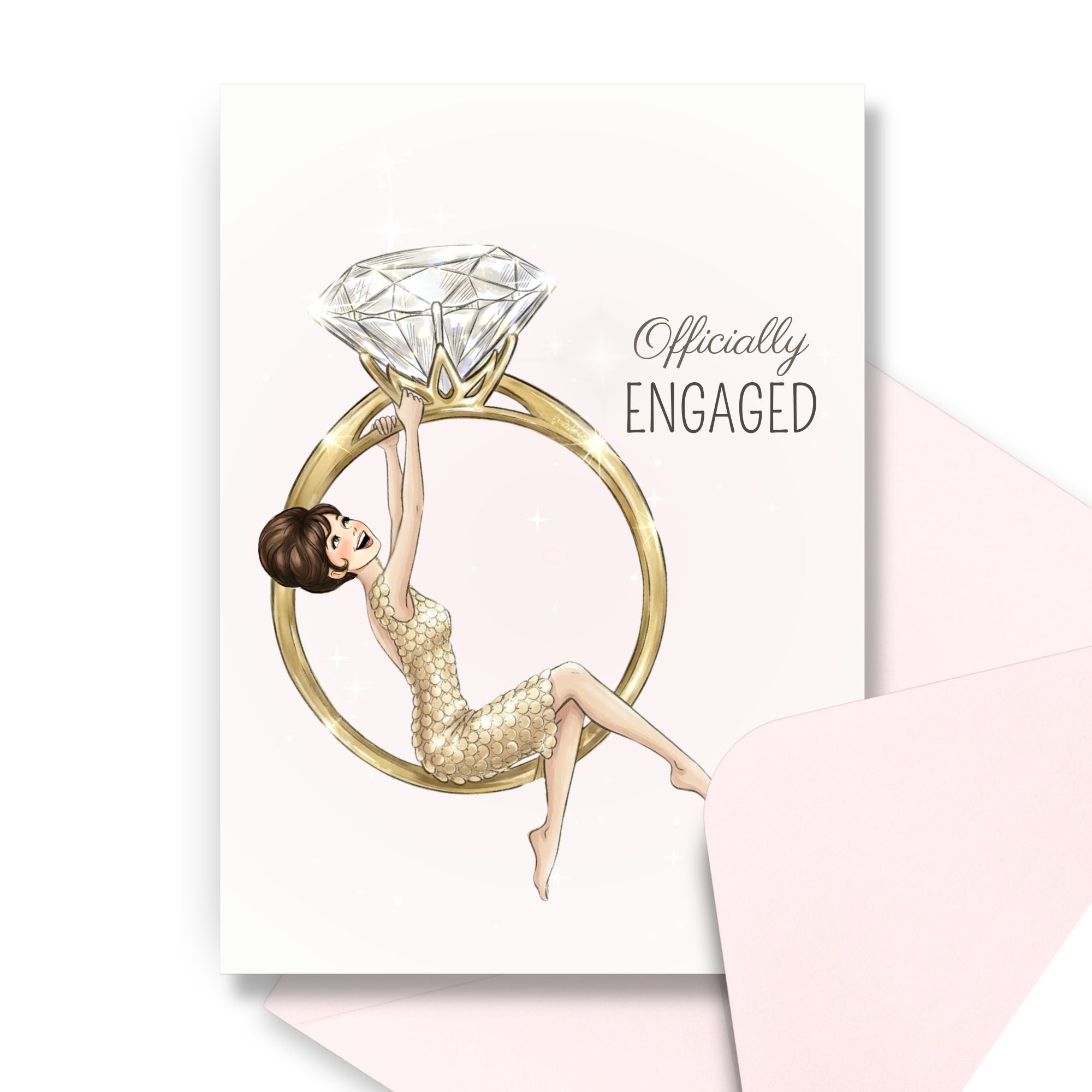 Engagement card for bride to be with brunette bride swinging from large diamond ring illustration with coordinating pink envelope.