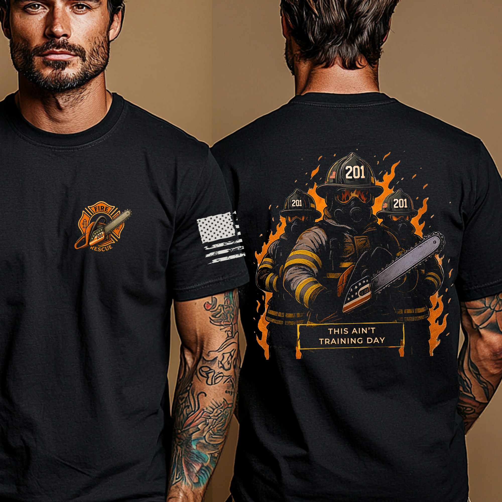 Black t-shirt with firefighter graphic on front and back, worn by a person.