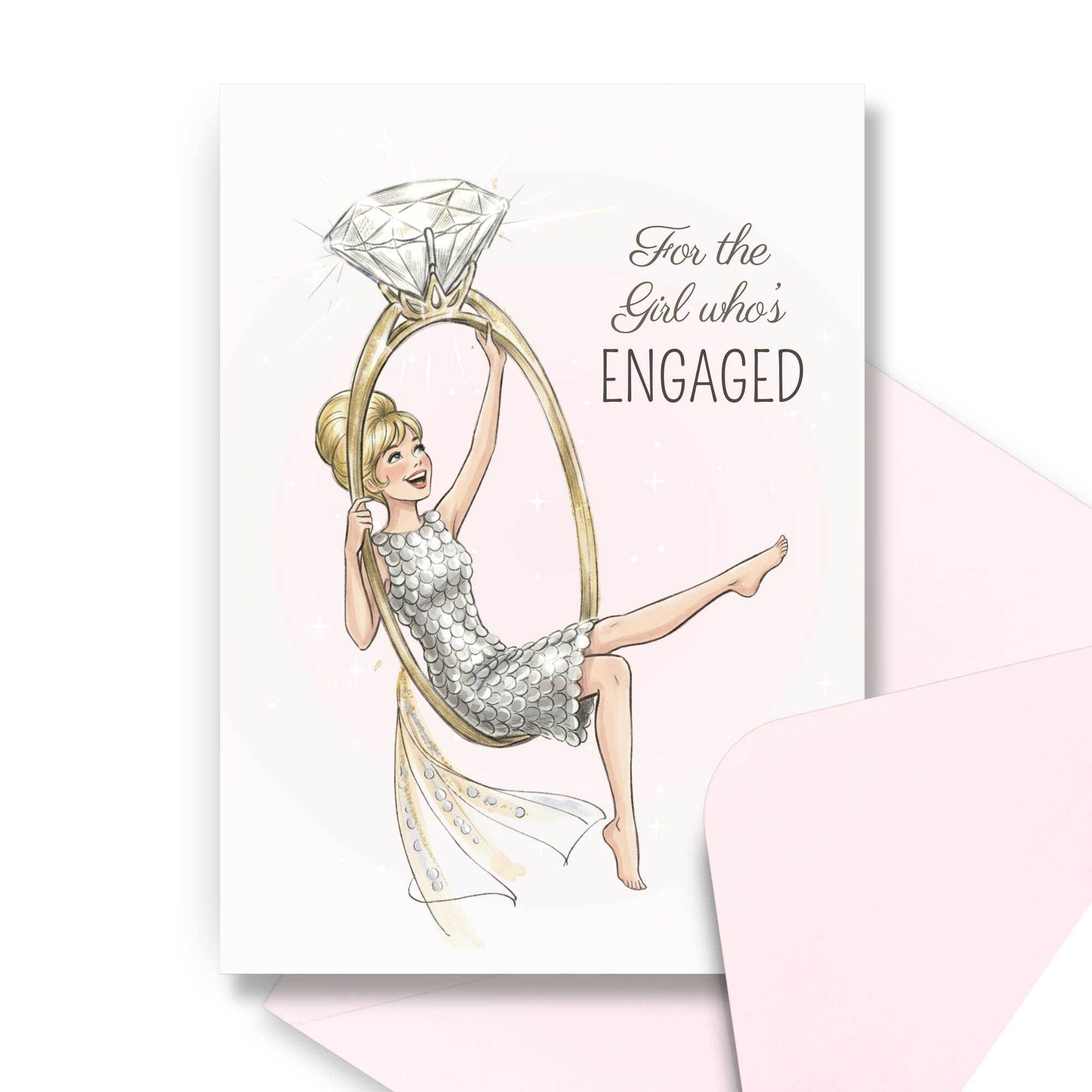 engagement greeting card with bride swinging from diamond ring illustration bride to be congratulations card with a coordinating pink envelope