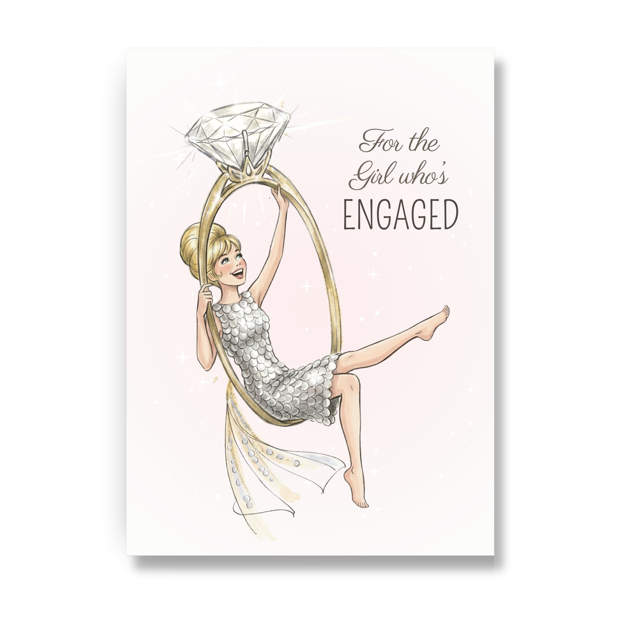 engagement greeting card with bride swinging from diamond ring illustration bride to be congratulations card