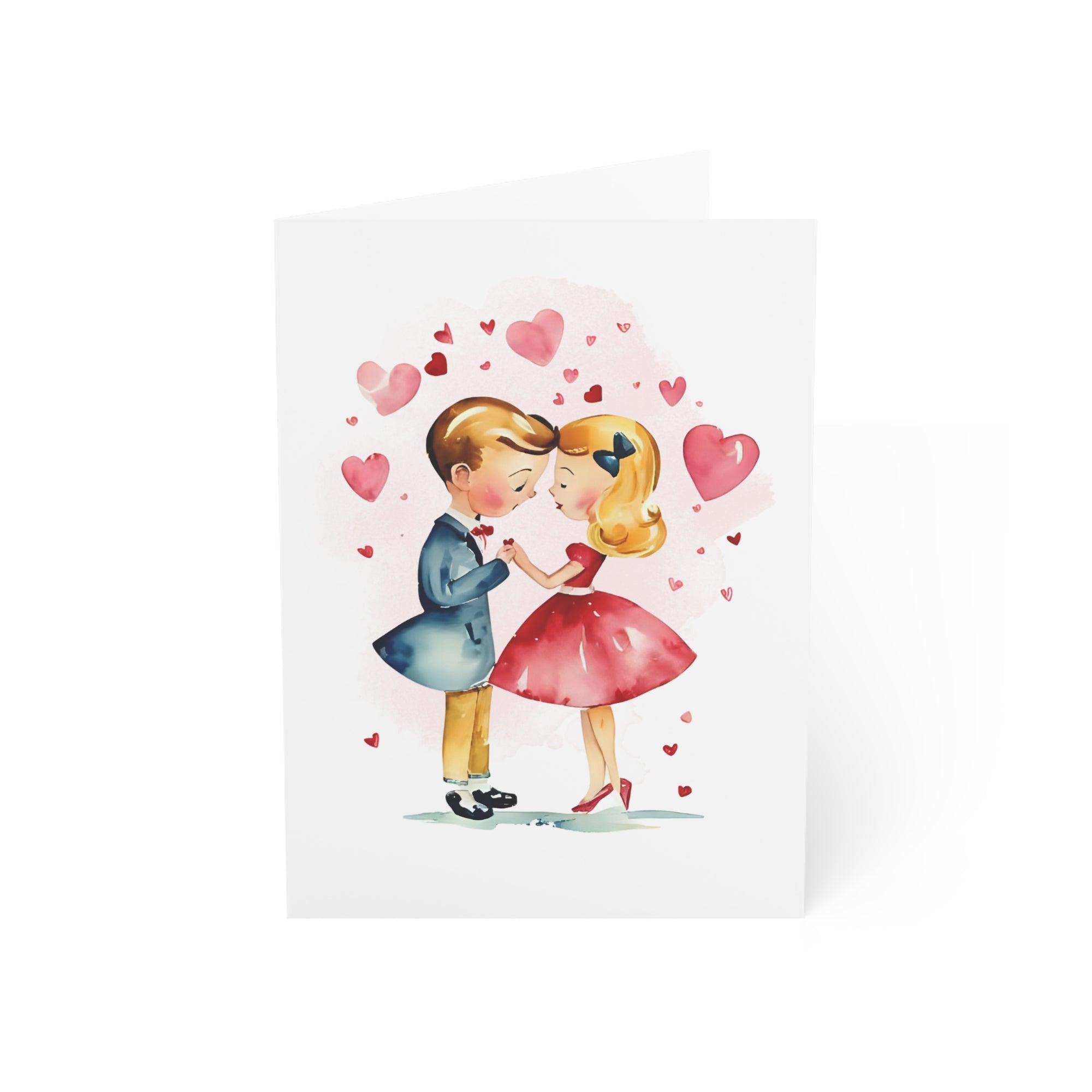 Illustration of a couple embracing with heart symbols around them on a white background