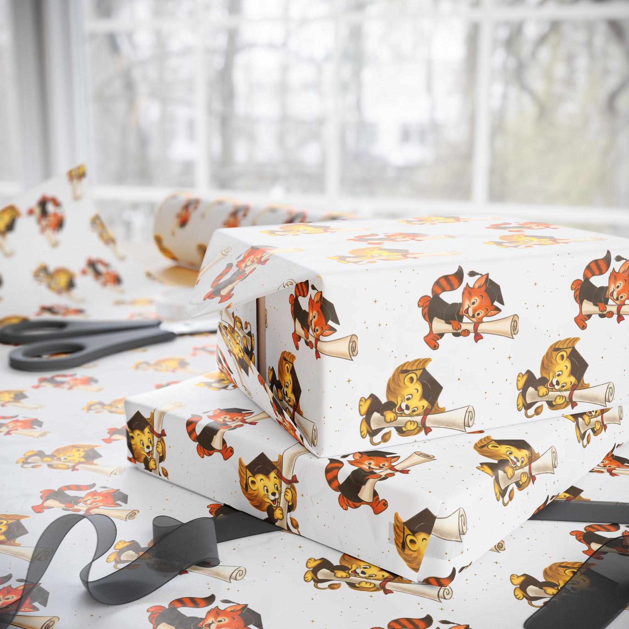 Vintage-style graduation wrapping paper featuring a lion and fox in caps holding diplomas on white background with gold star accents.