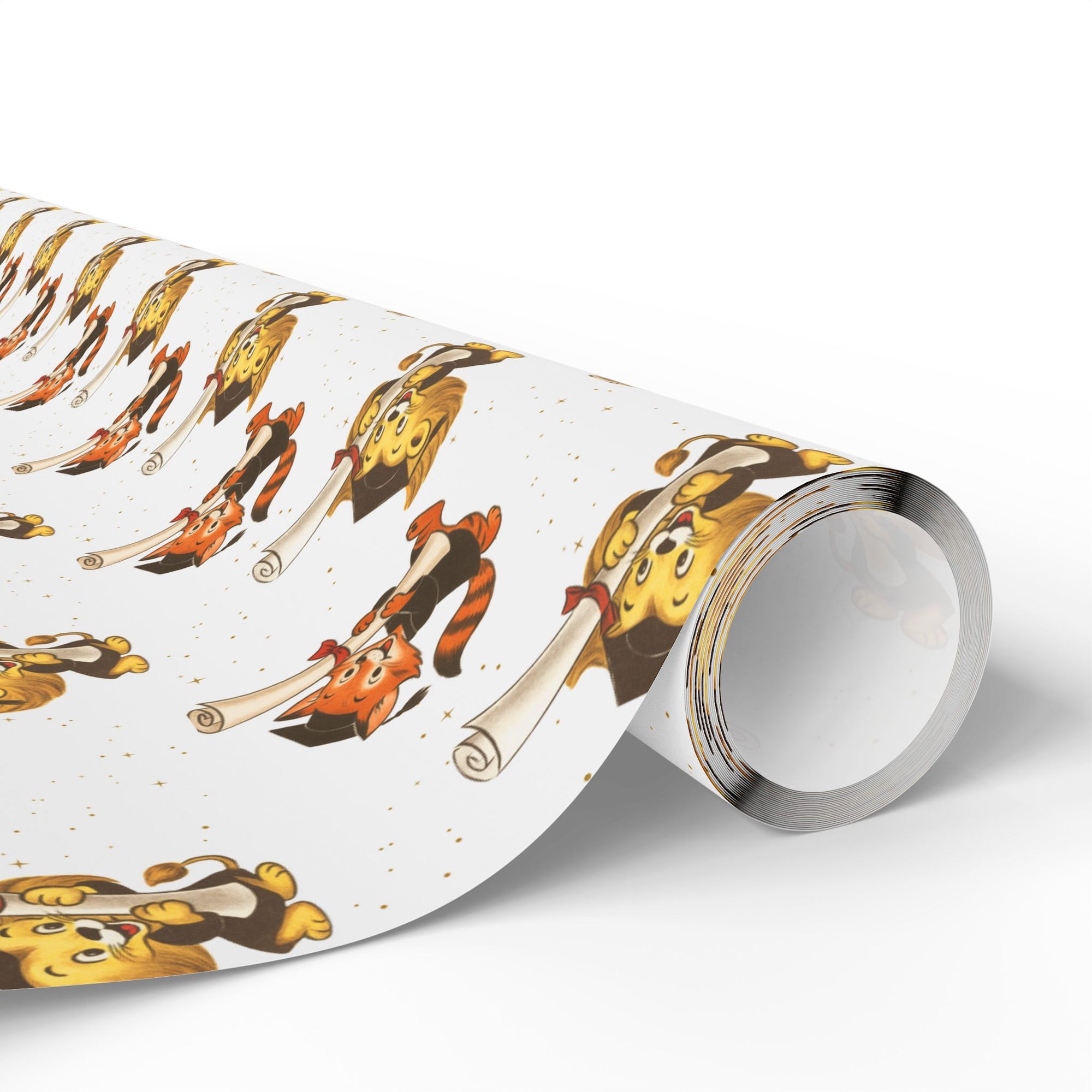 Vintage-style graduation wrapping paper featuring a lion and fox in caps holding diplomas on white background with gold star accents.