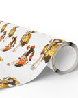 Vintage-style graduation wrapping paper featuring a lion and fox in caps holding diplomas on white background with gold star accents.