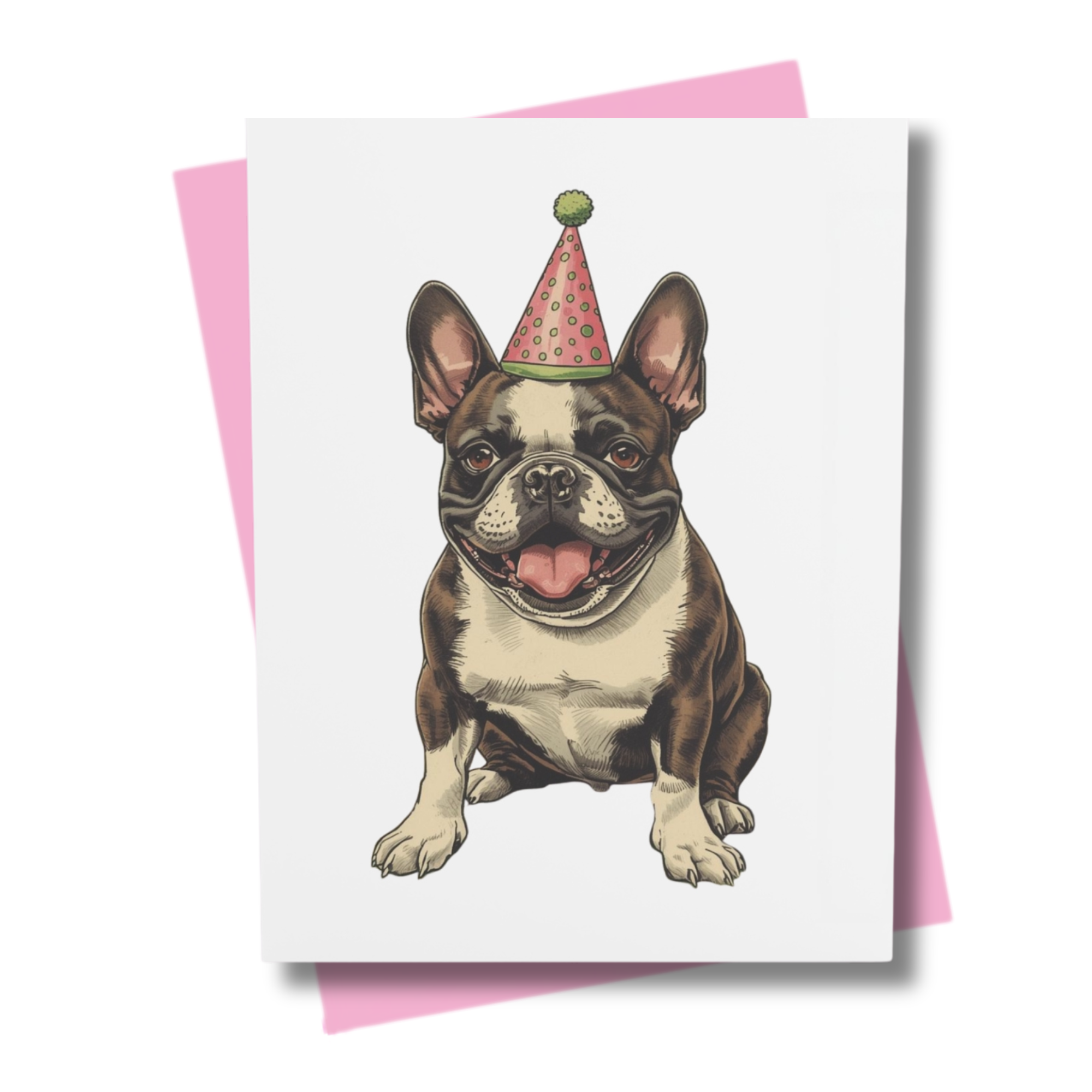 Greeting card with a french bulldog wearing a party hat on a white background