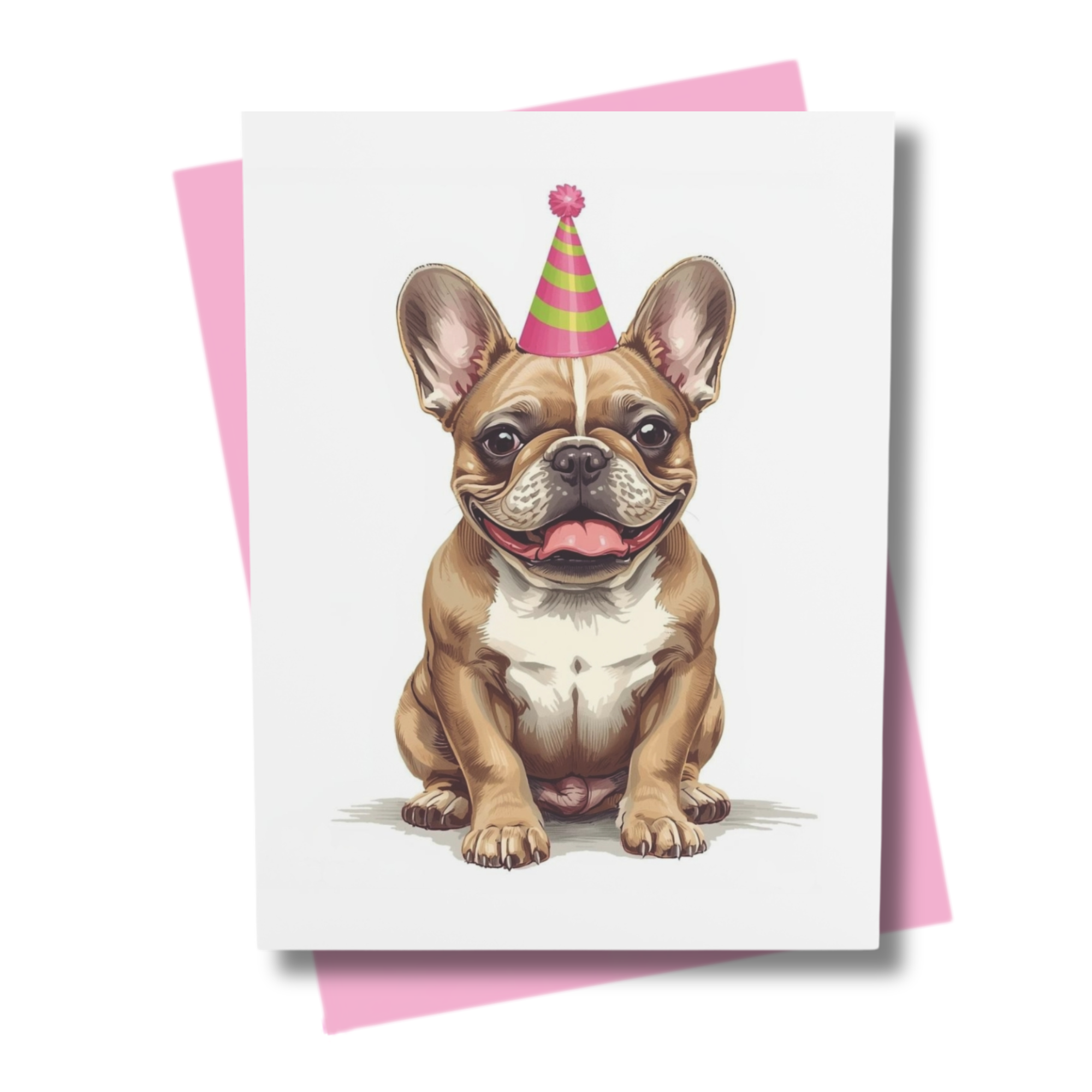greeting card with a tawny french bulldog in a pink and green party hat