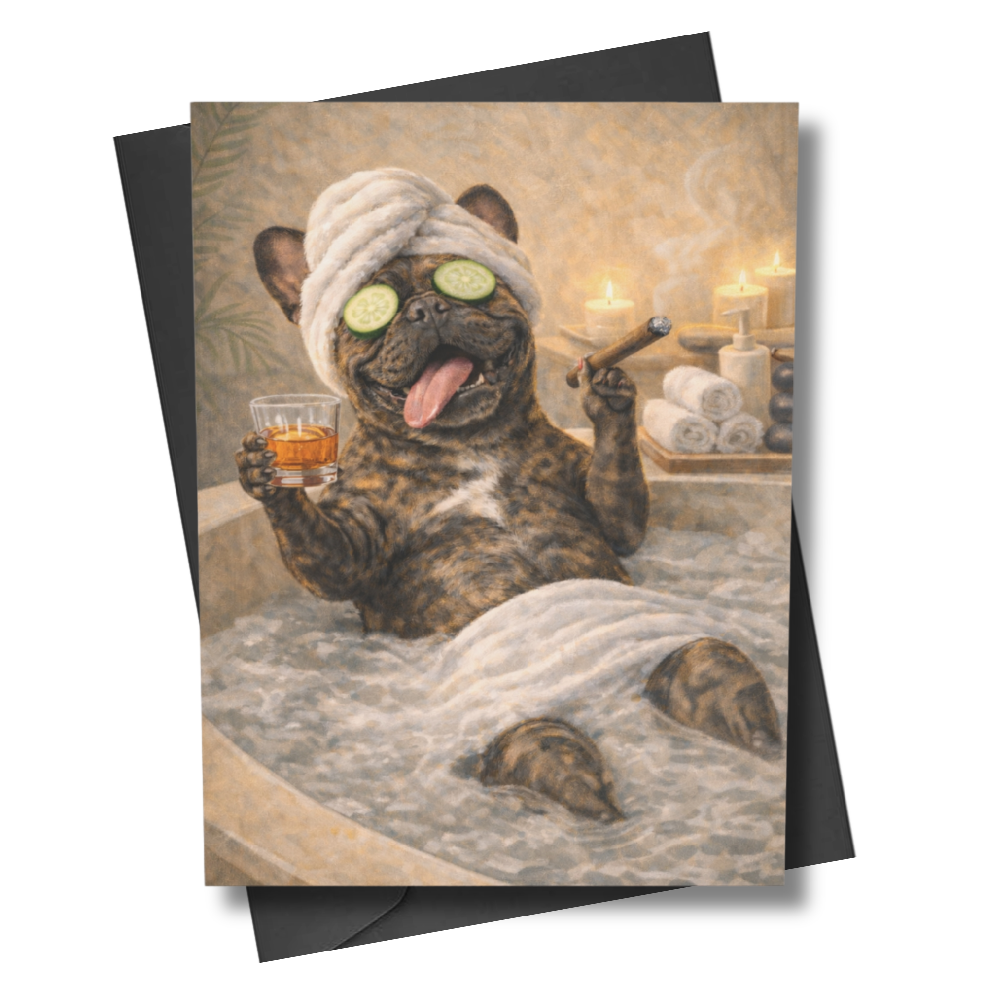 Greeting card with a dog in a spa setting holding a glass of whiskey and a cigar.