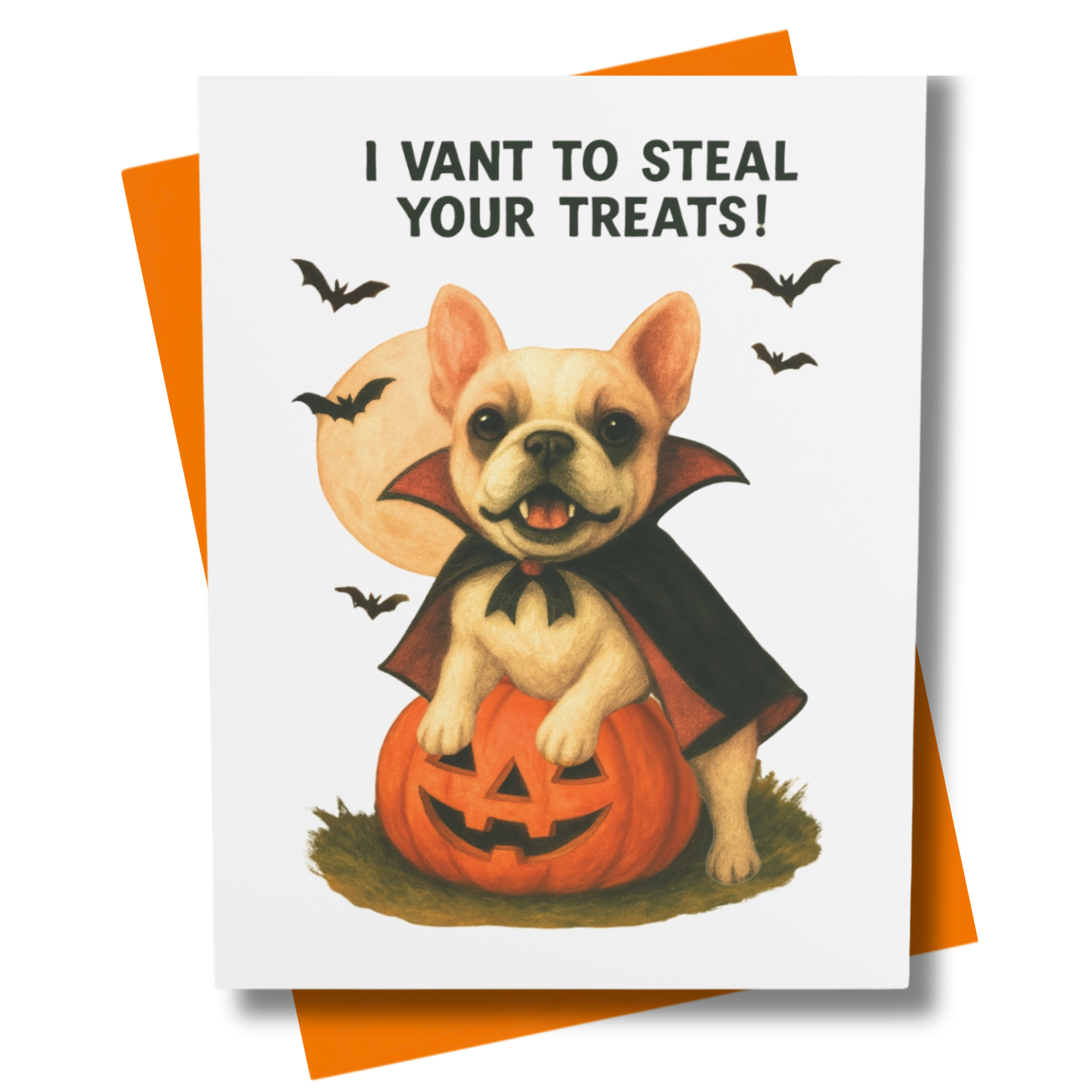 Retro-style greeting card features a French Bulldog dressed as a vampire, perched on a smiling jack-o’-lantern under a full moon.