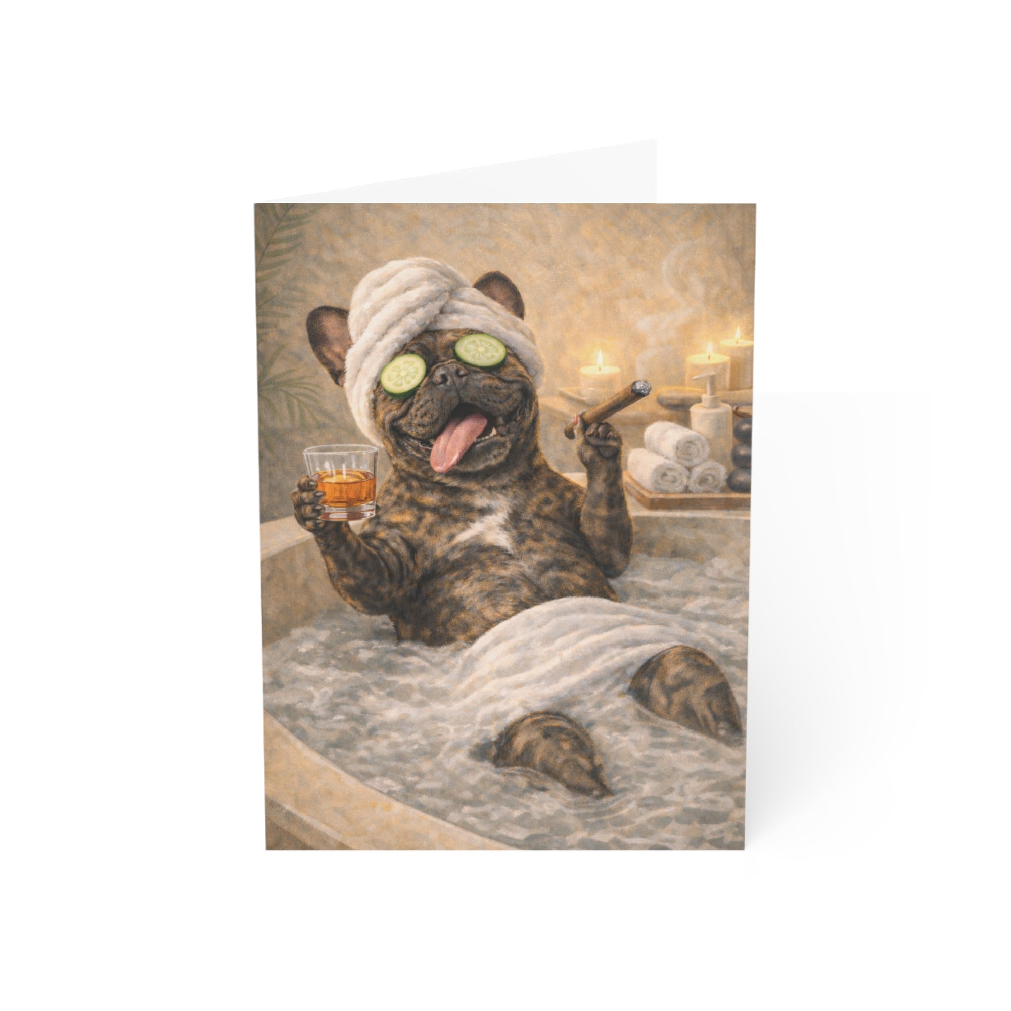 Greeting card featuring a french bulldog in a bath with a towel on head, holding a glass of whiskey, surrounded by candles and towels.