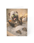Greeting card featuring a french bulldog in a bath with a towel on head, holding a glass of whiskey, surrounded by candles and towels.