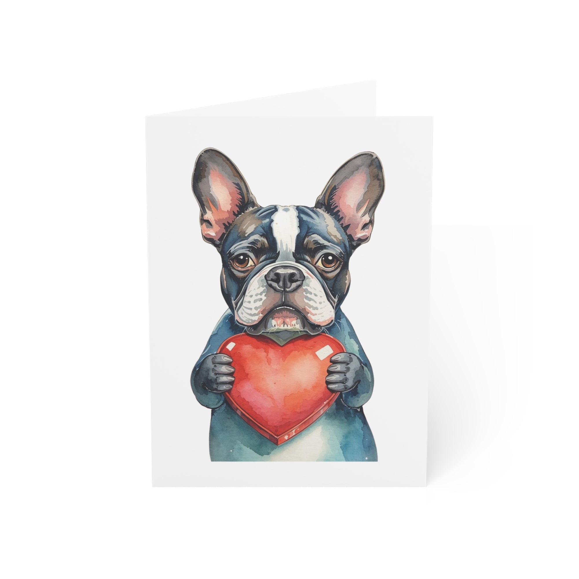 Illustration of a french bulldog holding a heart on a white background.