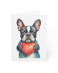 Illustration of a french bulldog holding a heart on a white background.