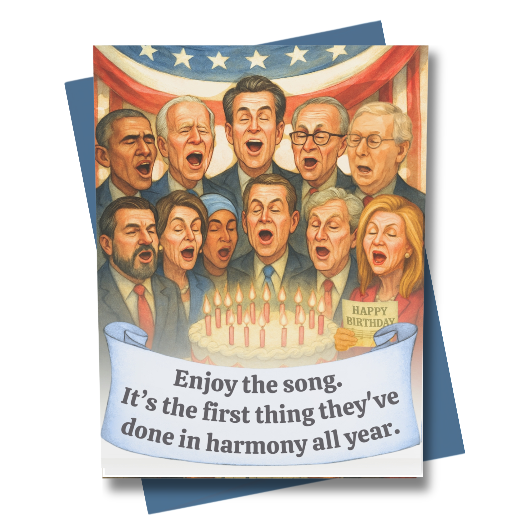 Birthday card with illustration politicians, pelosi, biden, obama, schumer, kennedy, blackburn, omar, mitch mconnell, ted cruz, josh hawley, singing, happy birthday