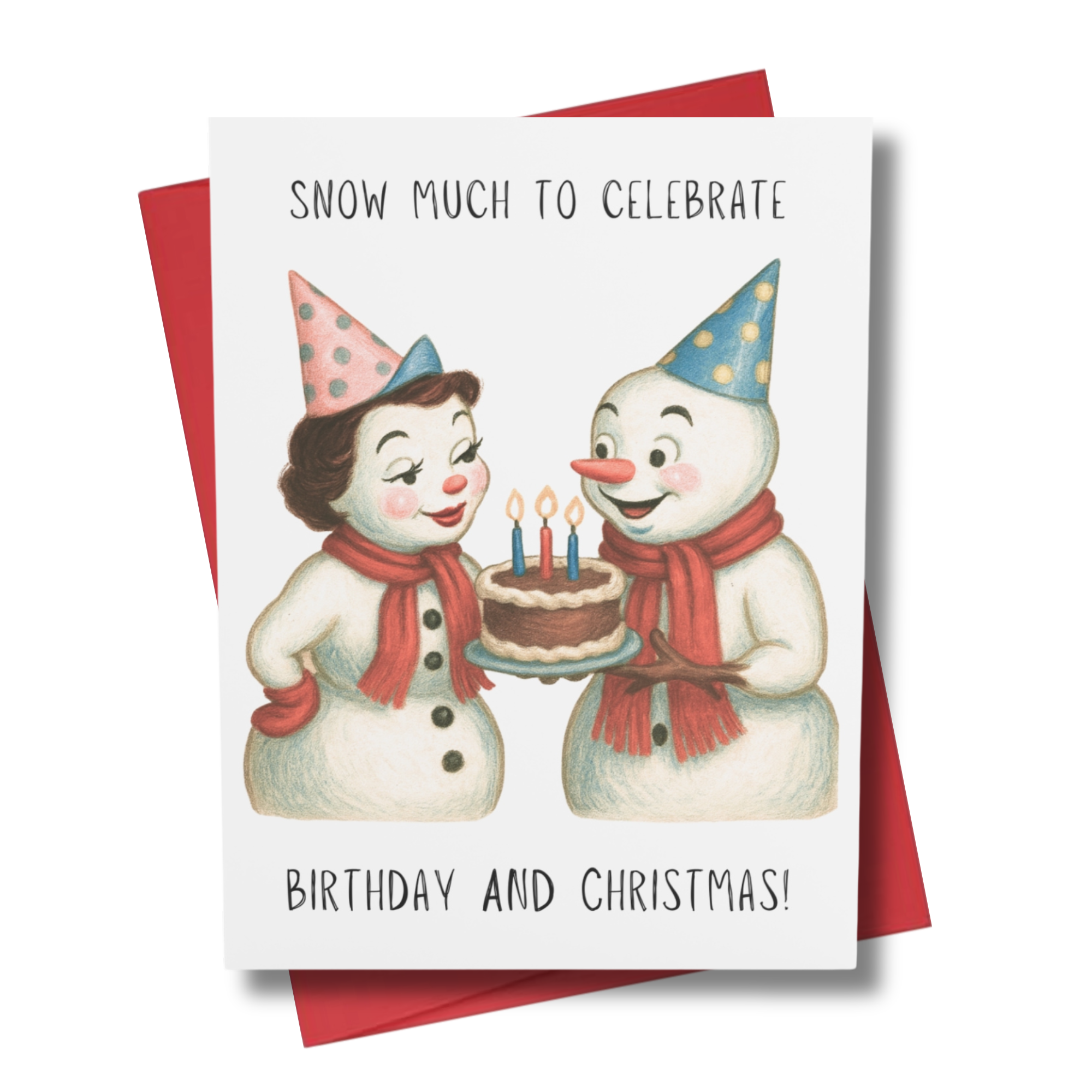 Funny combined Christmas and birthday card vintage snowman couple in party hats sharing a birthday cake, perfect for December birthdays near the holidays