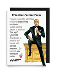Funny political birthday card featuring a Trump parody in a tuxedo with humorous message about staying forever young.