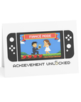Gamer engagement card with pixel proposal scene and text Fiancé Mode Achievement Unlocked.