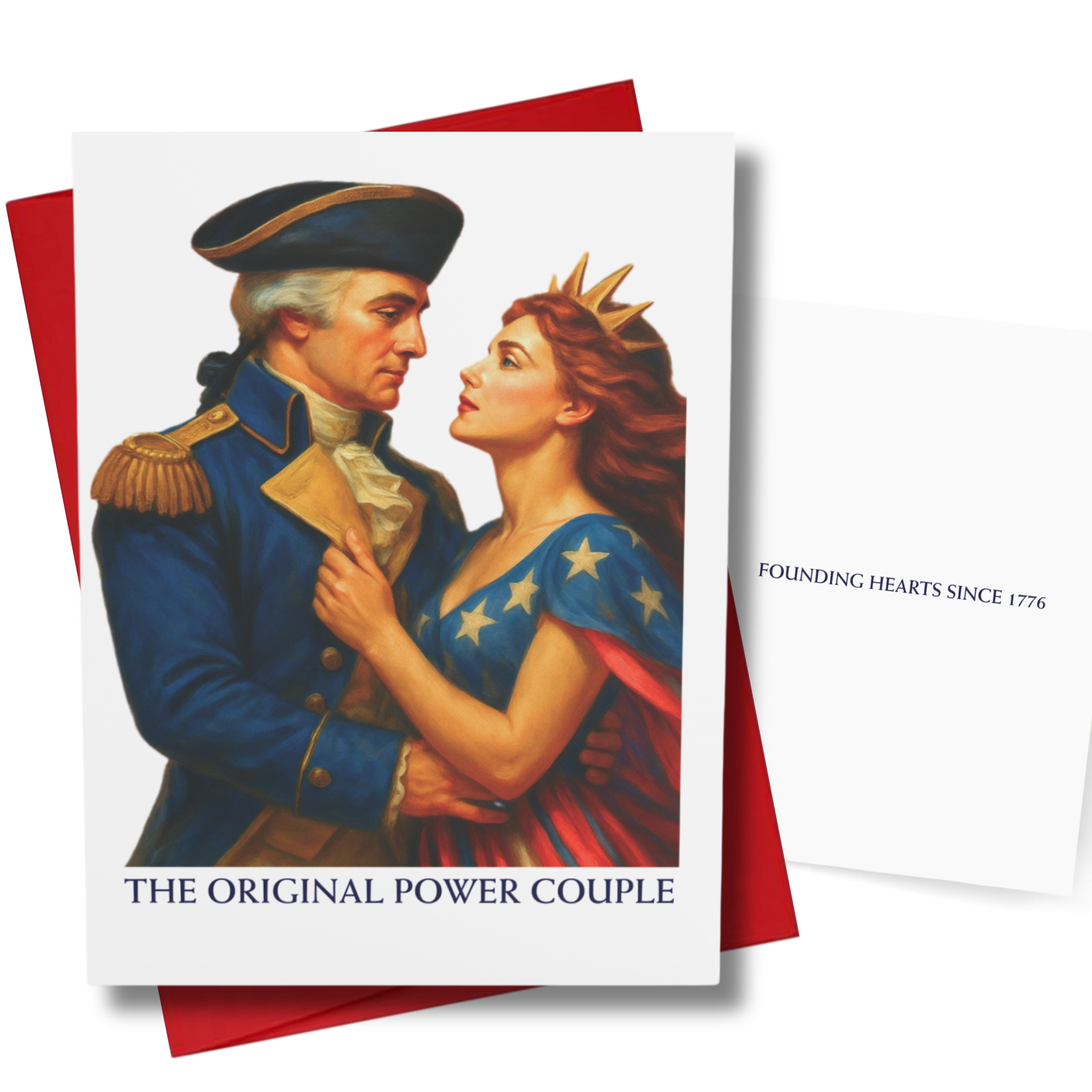 Card with illustration of George Washington and America embracing with text that reads,  The Original Power Couple on a white background with a red envelope.