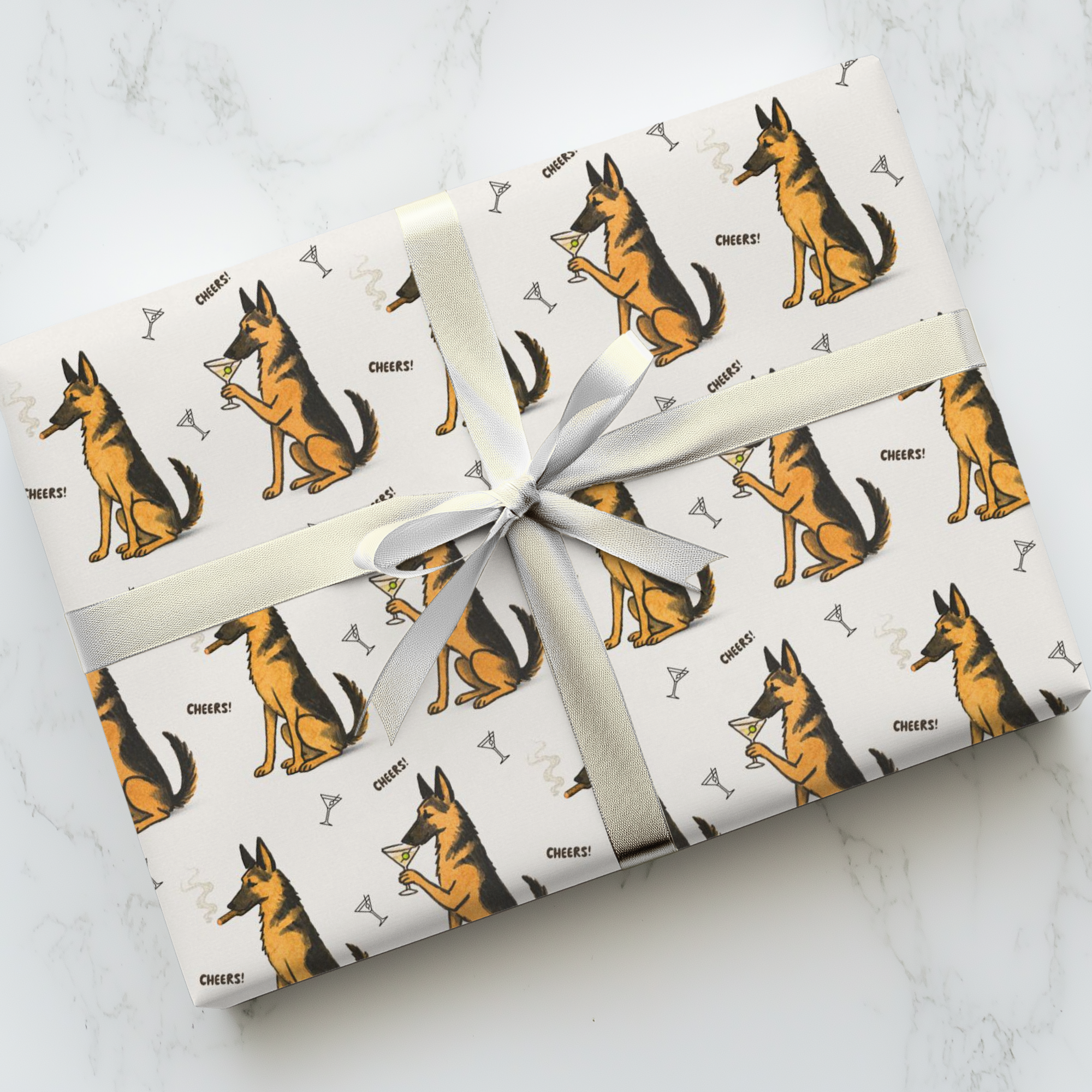 German Shepherd birthday and Father's Day wrapping paper with martinis,  cigars and cheers pattern.