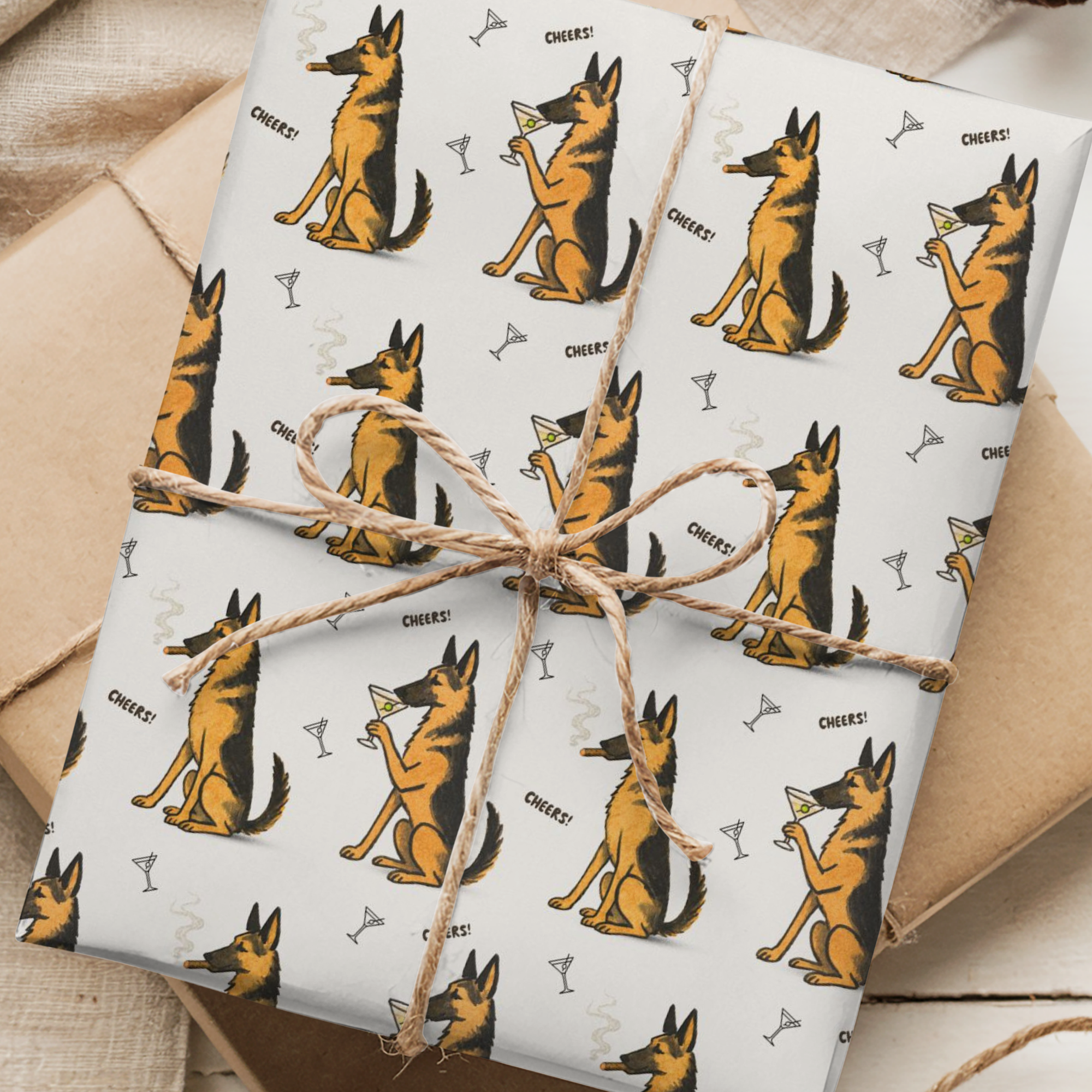 German Shepherd birthday and Father's Day wrapping paper with cocktail dogs and cheers pattern.