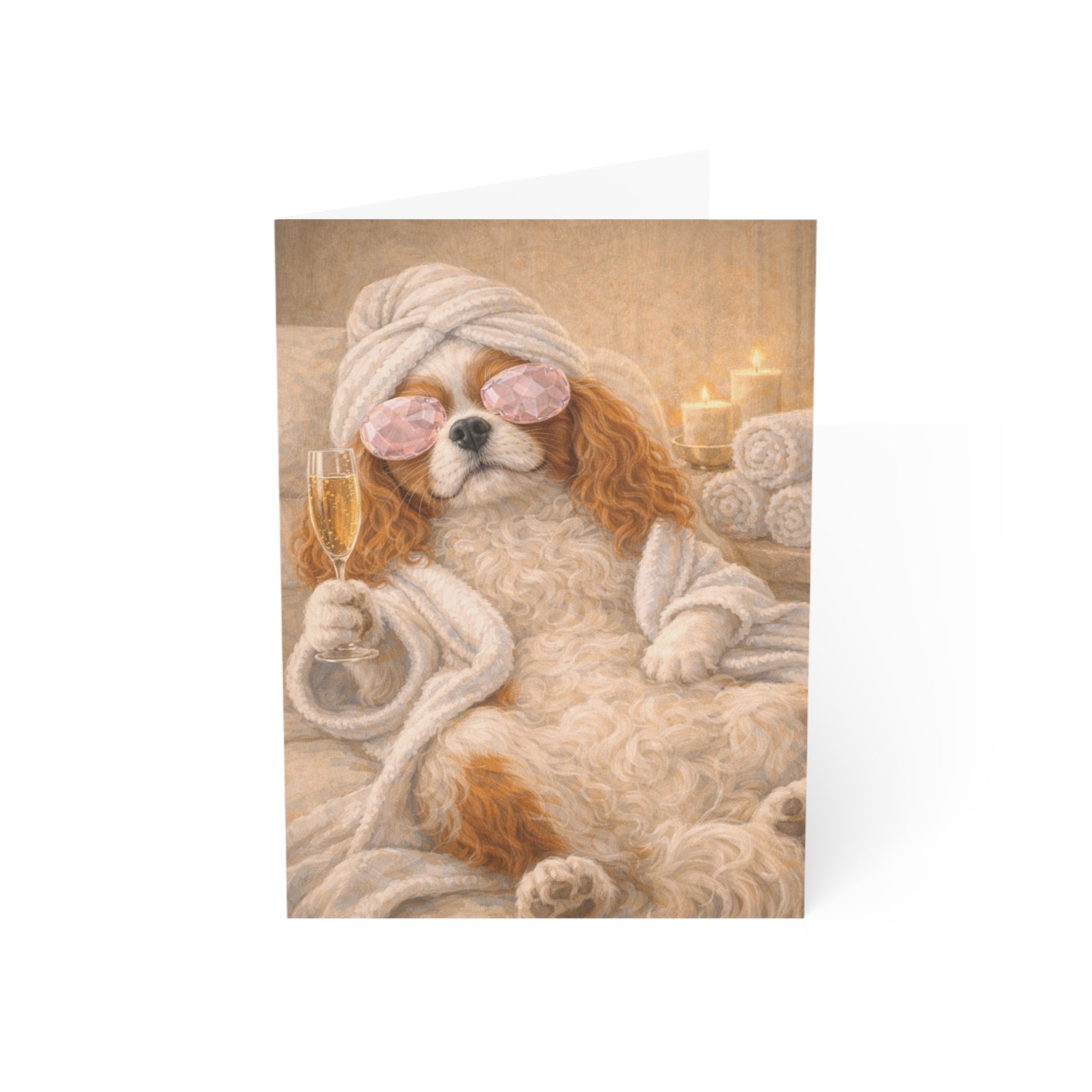 Dog in a robe with a towel on its head, holding a glass of champagne, on a white background.