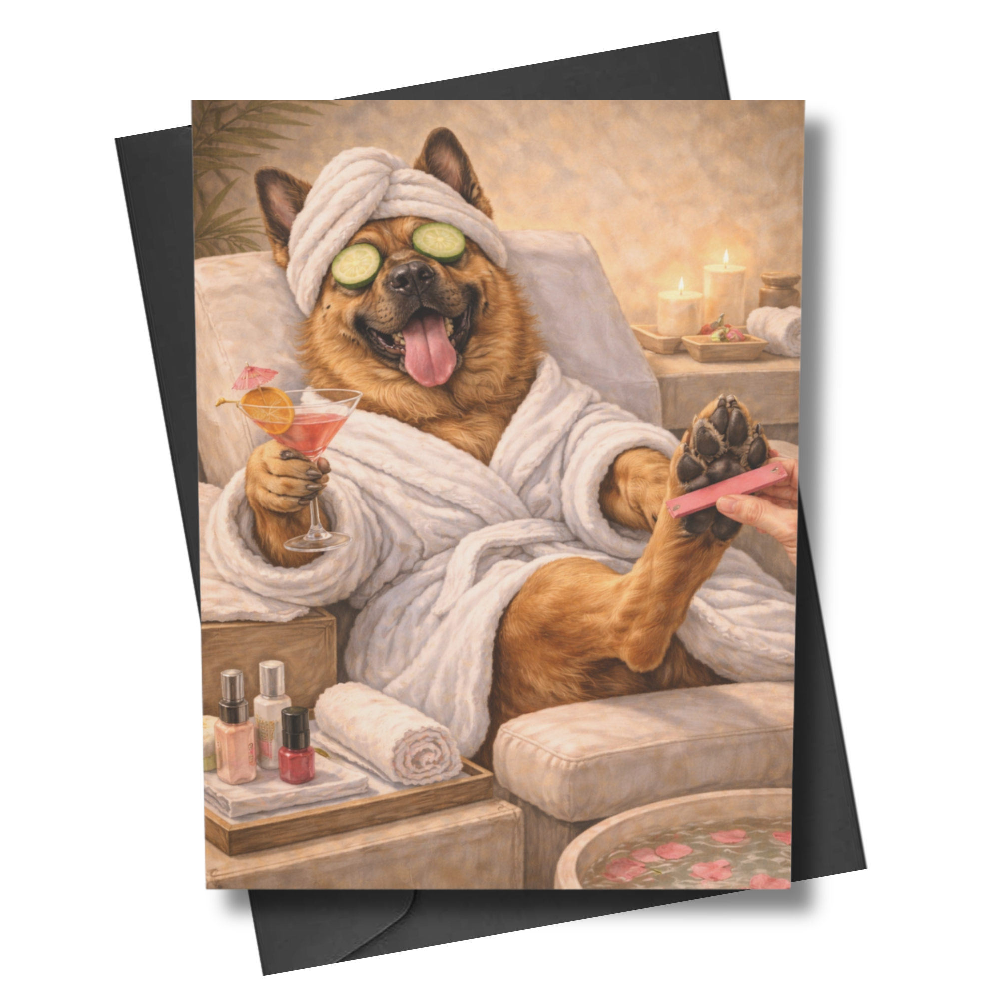 Card with a german shepard in a spa setting, wearing a bathrobe and having a spa day.
