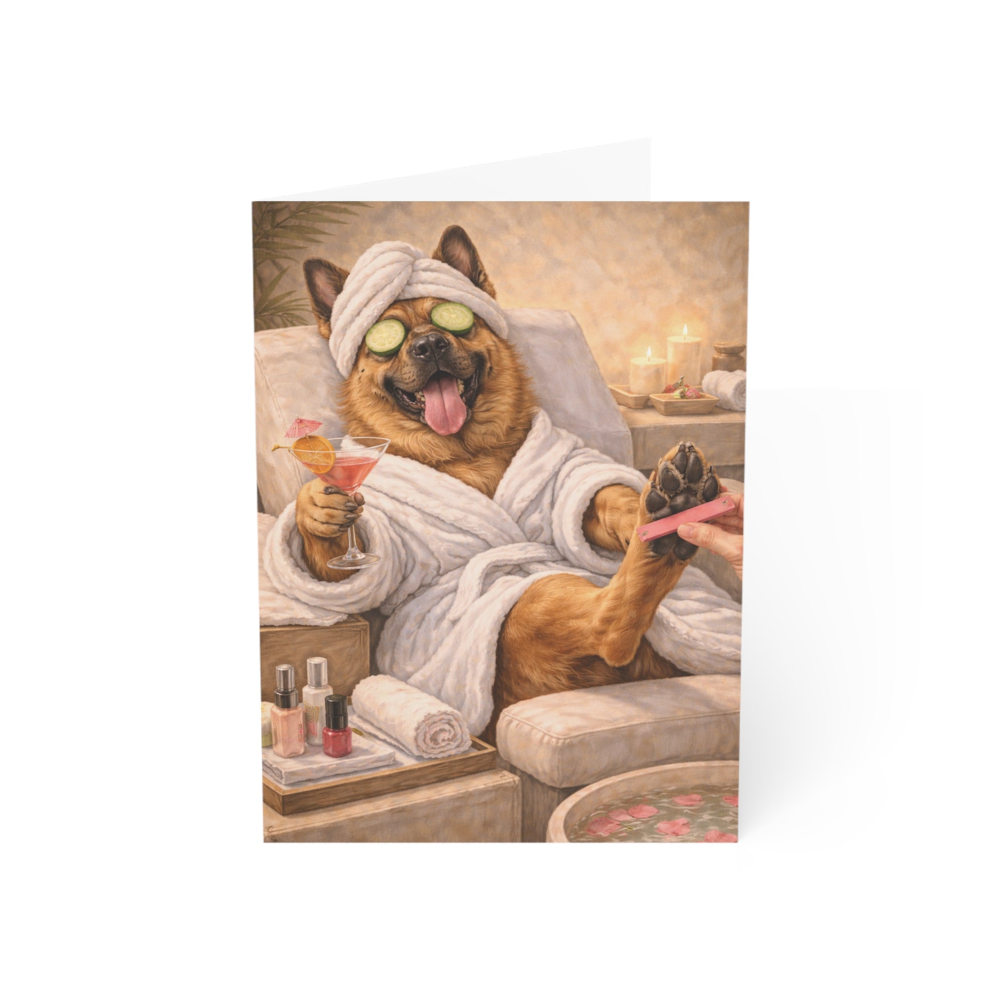 Funny card of a dog in a spa setting with a towel on its head and a bathrobe, holding a cocktail.