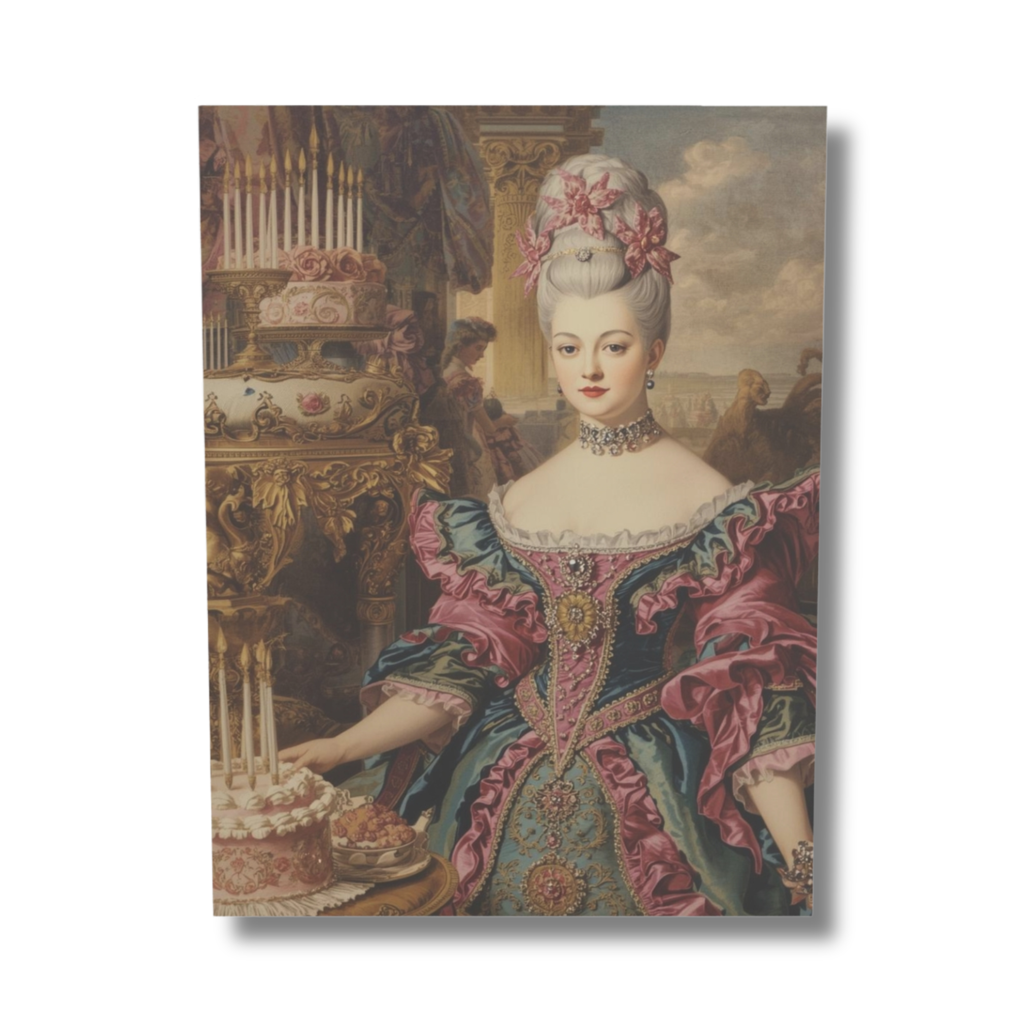 Portrait of Marie Antoinette in an elaborate dress with a decorative cake in the background.