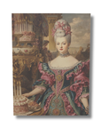 Portrait of Marie Antoinette in an elaborate dress with a decorative cake in the background.