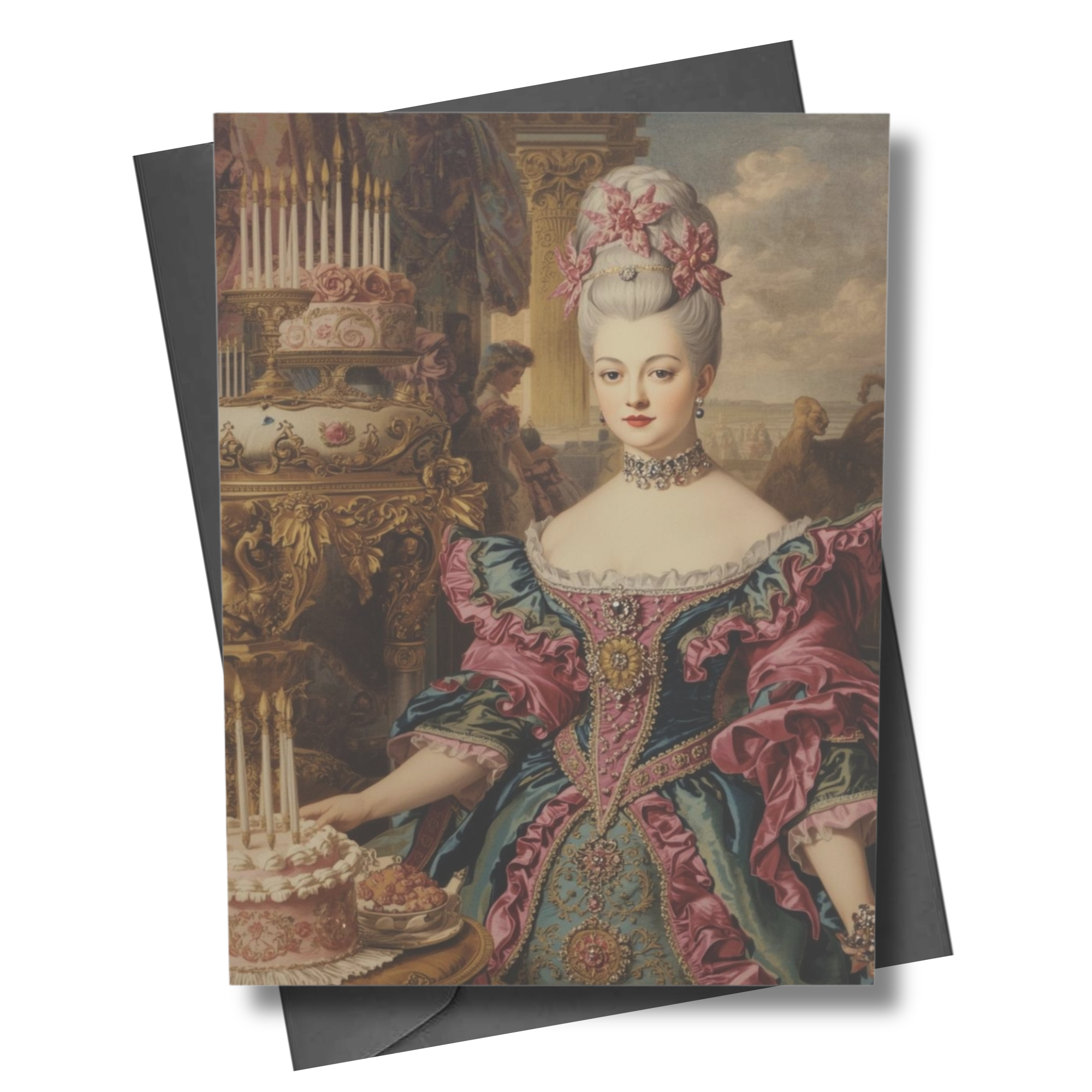 Gilded Age style birthday greeting card featuring a vintage portrait and candlelit birthday cake with no text.