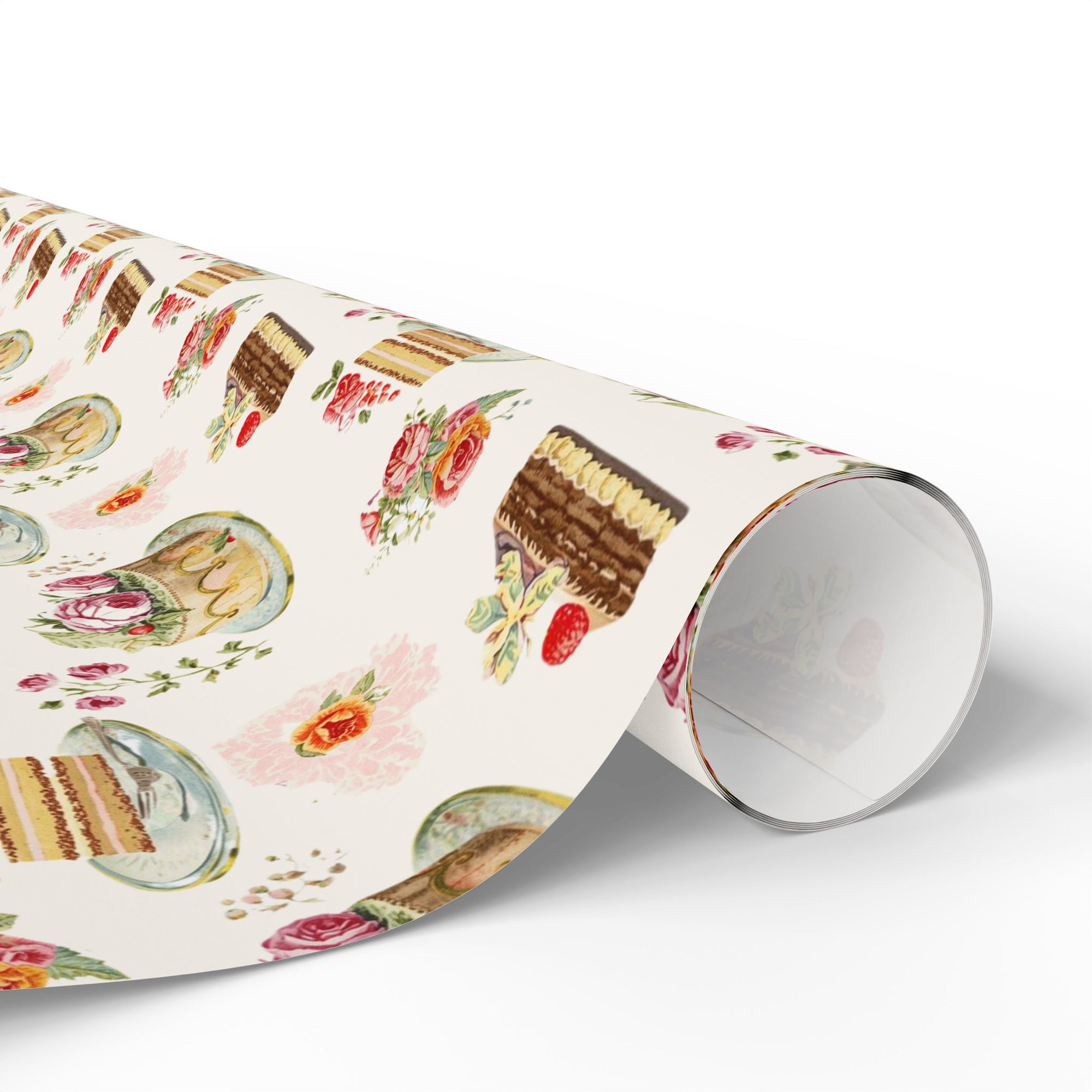 Roll of paper with cake and floral pattern on a white background