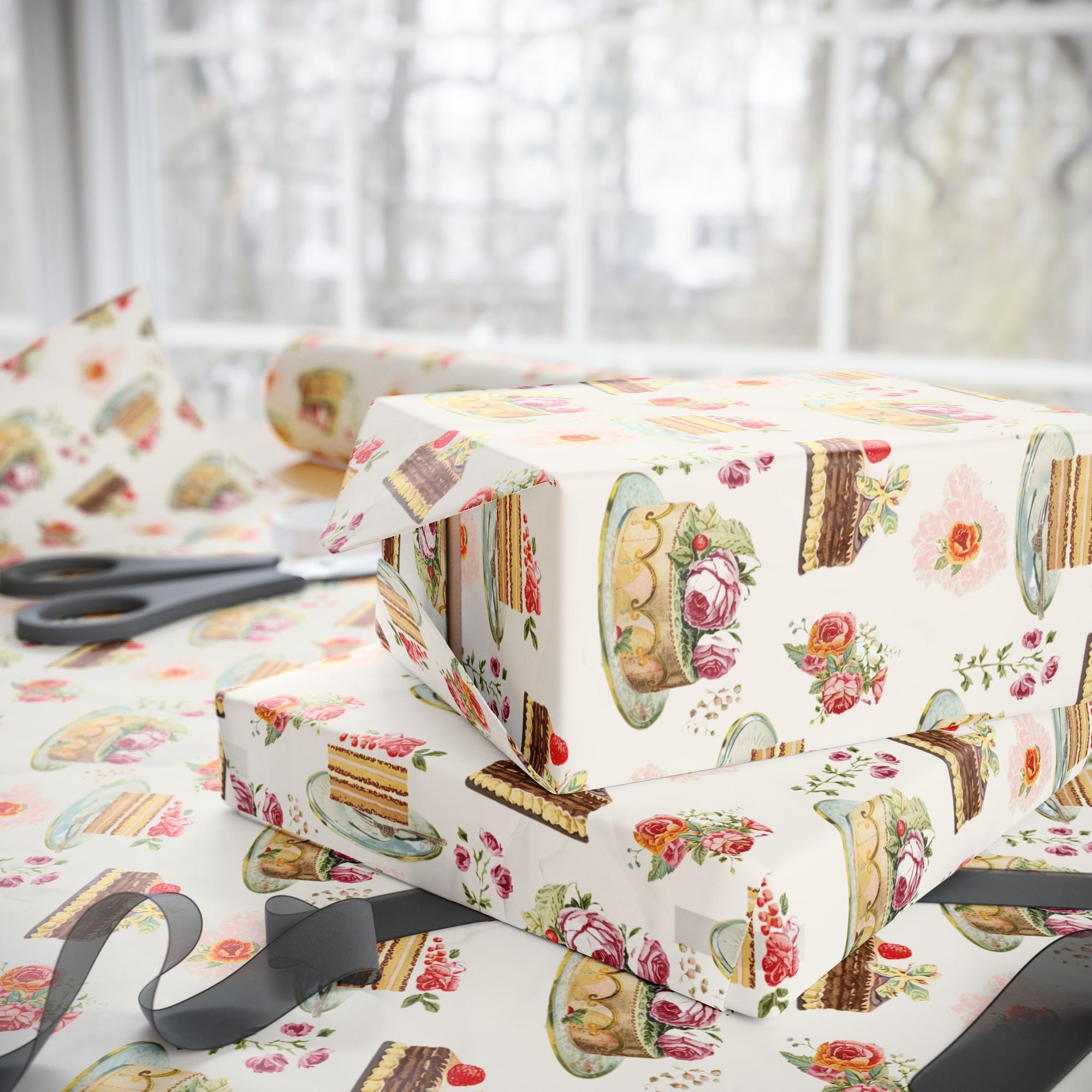 Gift box wrapped in floral and cake-themed paper with scissors on a matching tablecloth.